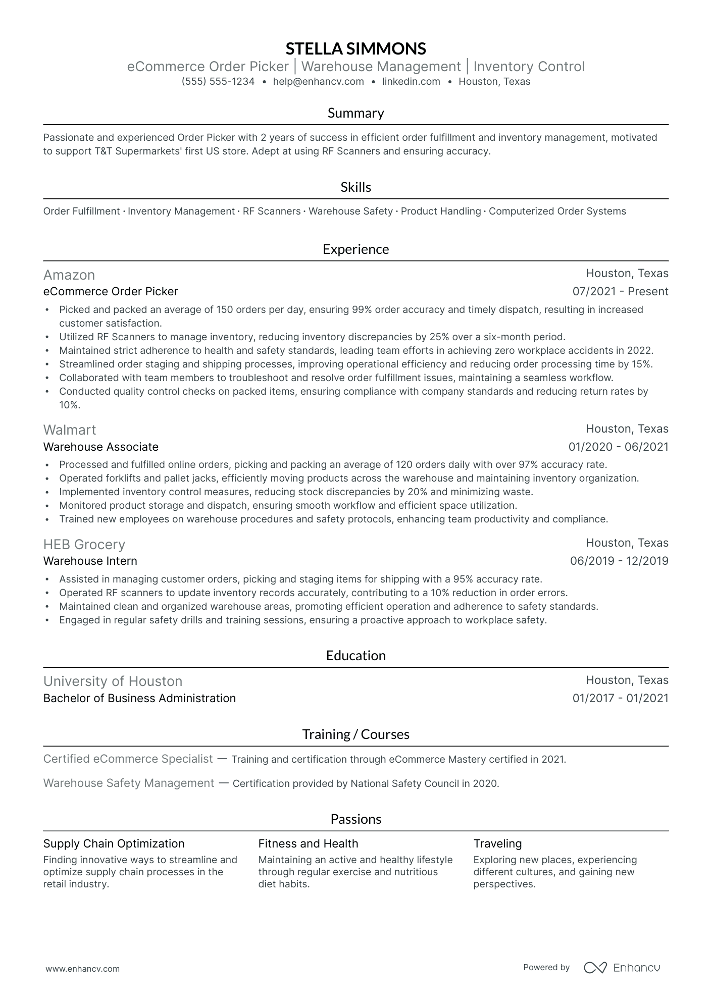 Warehouse Fulfillment Associate resume example