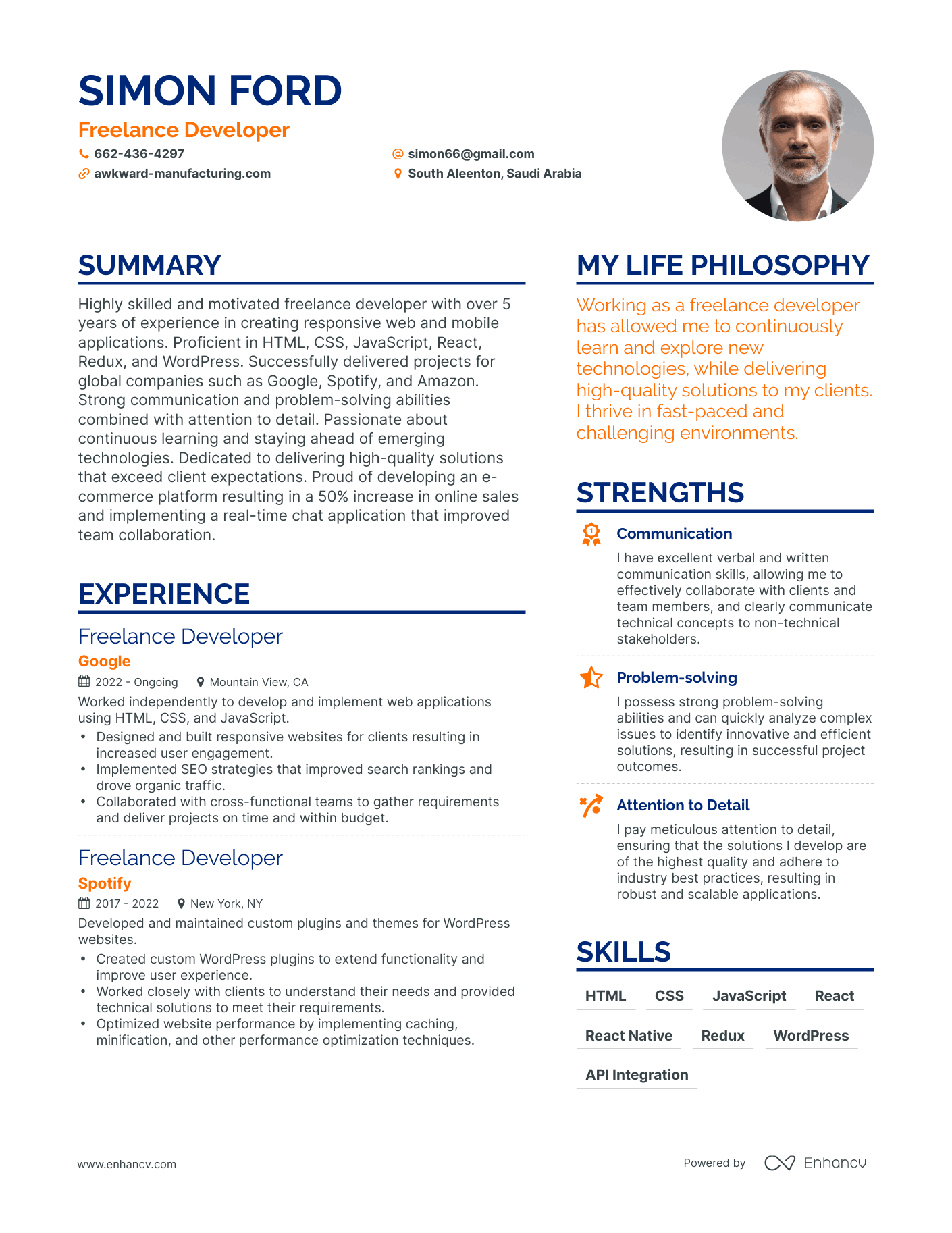 Freelance Developer resume example