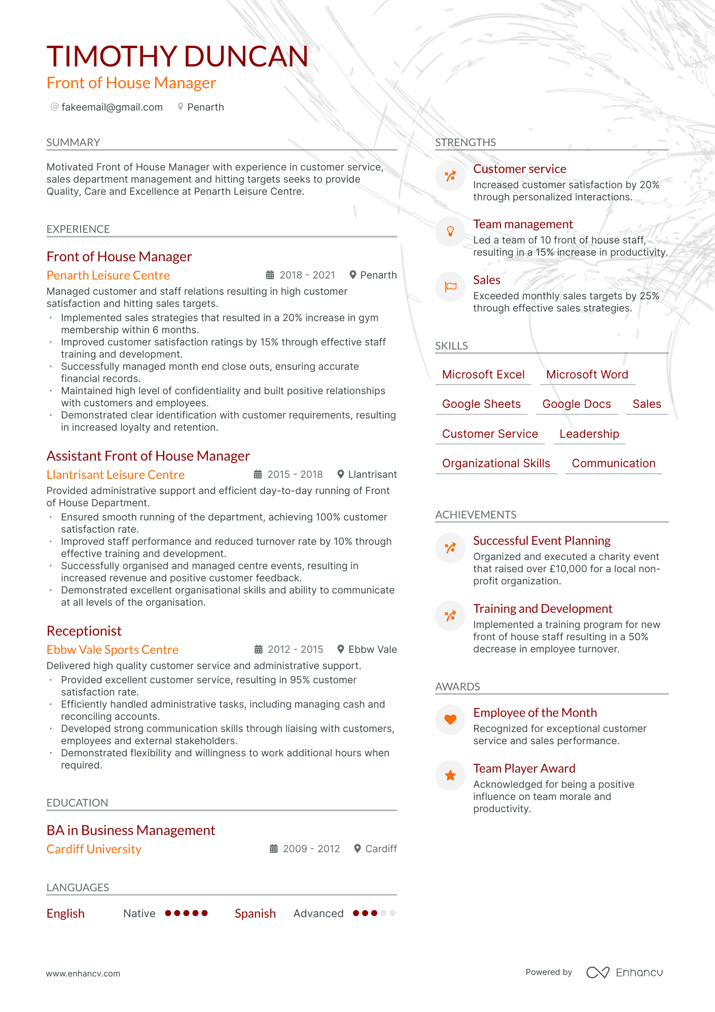 front of house manager resume example