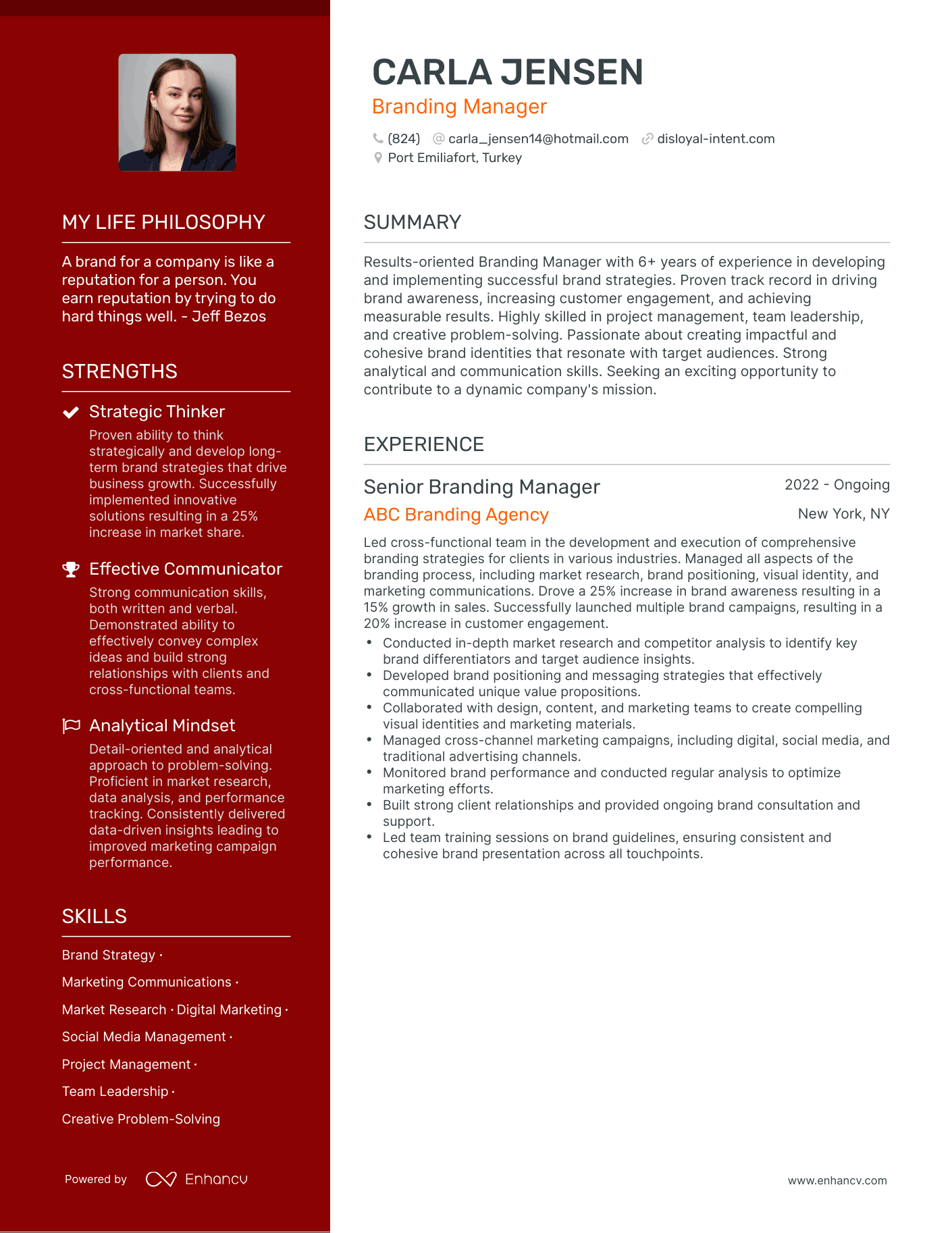 Branding Manager resume example