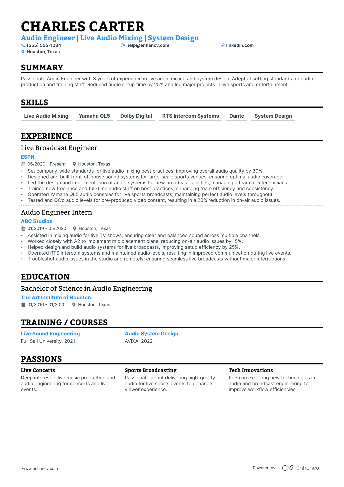 Broadcast Audio Engineer resume example