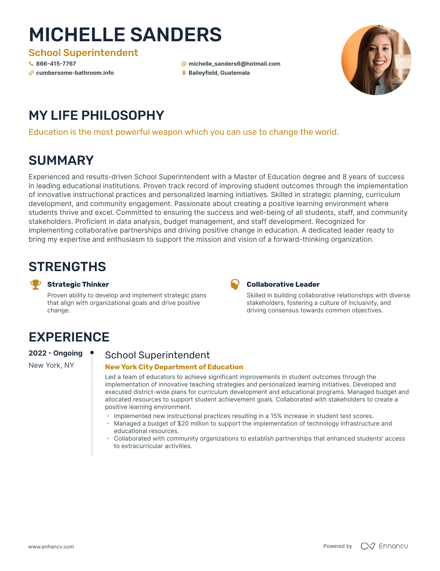 sample resume for school superintendent position