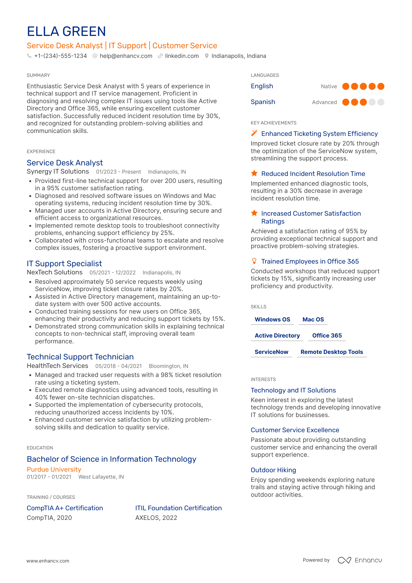 Service Desk Analyst resume example