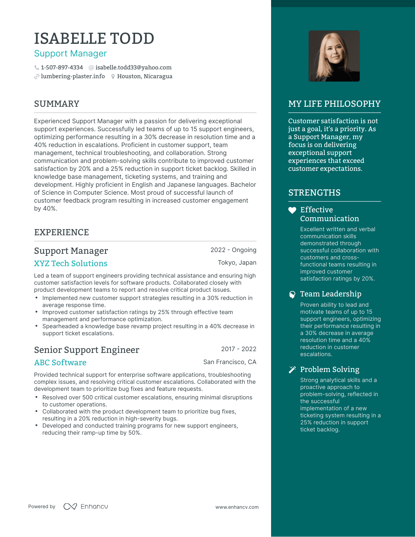 Modern Support Manager Resume Example