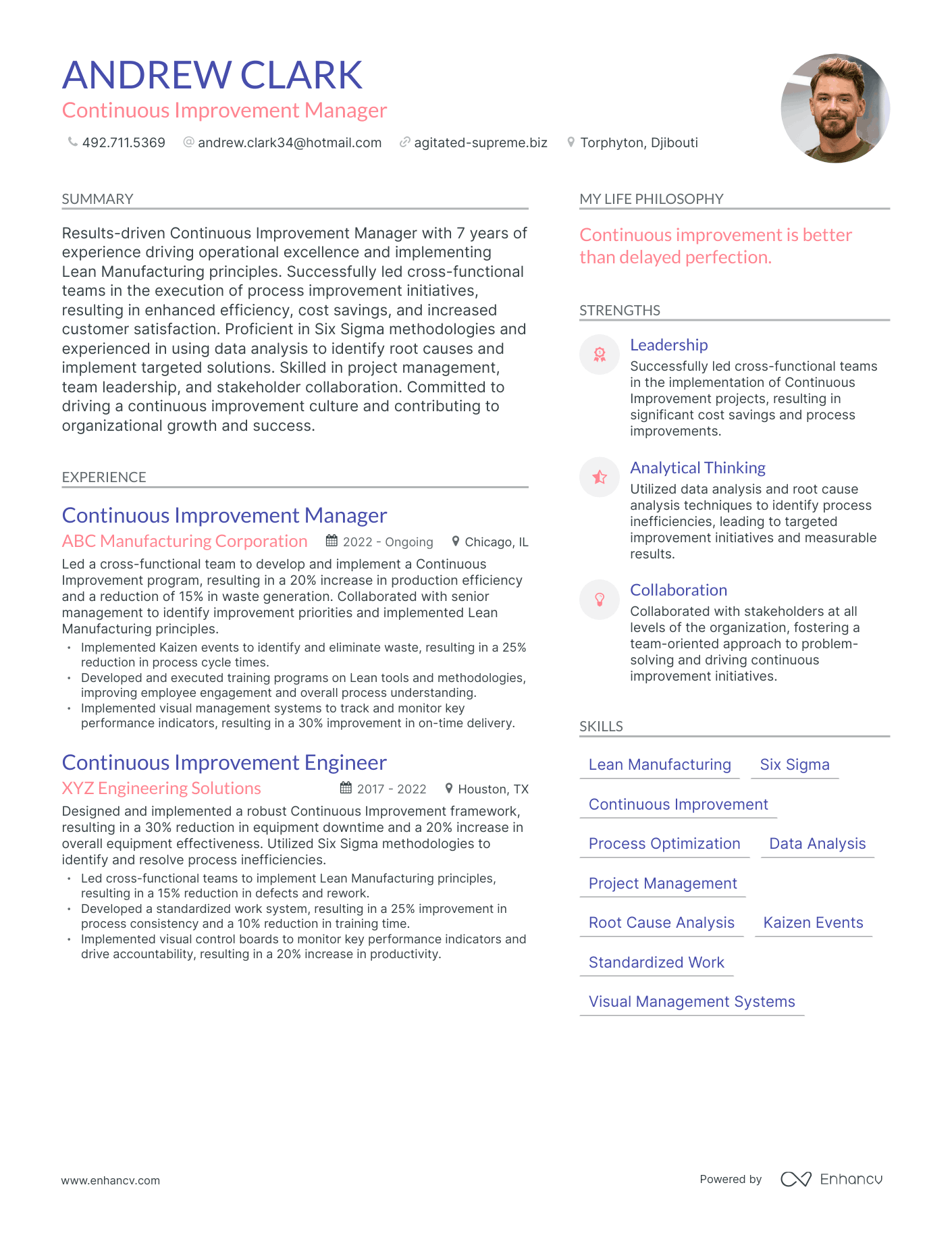 Modern Continuous Improvement Manager Resume Example