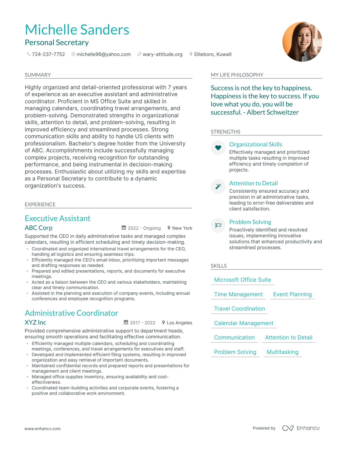 Personal Secretary resume example