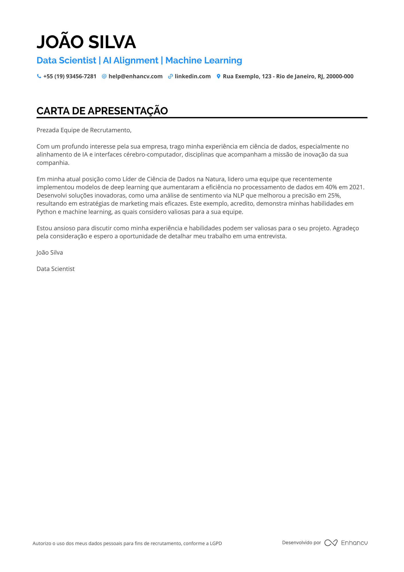 Cientista de Dados Carta de apresentação