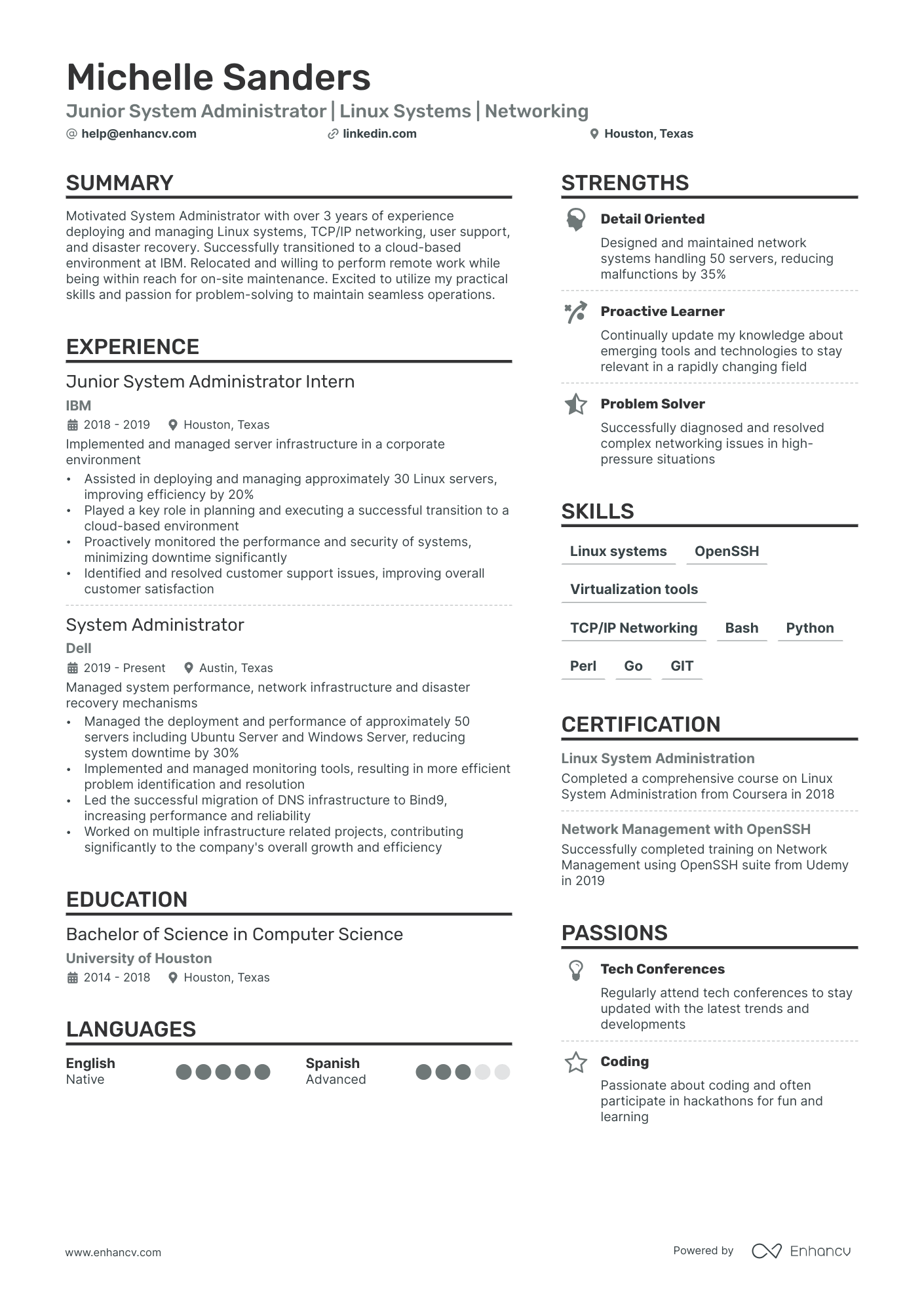 Junior System Administrator resume example