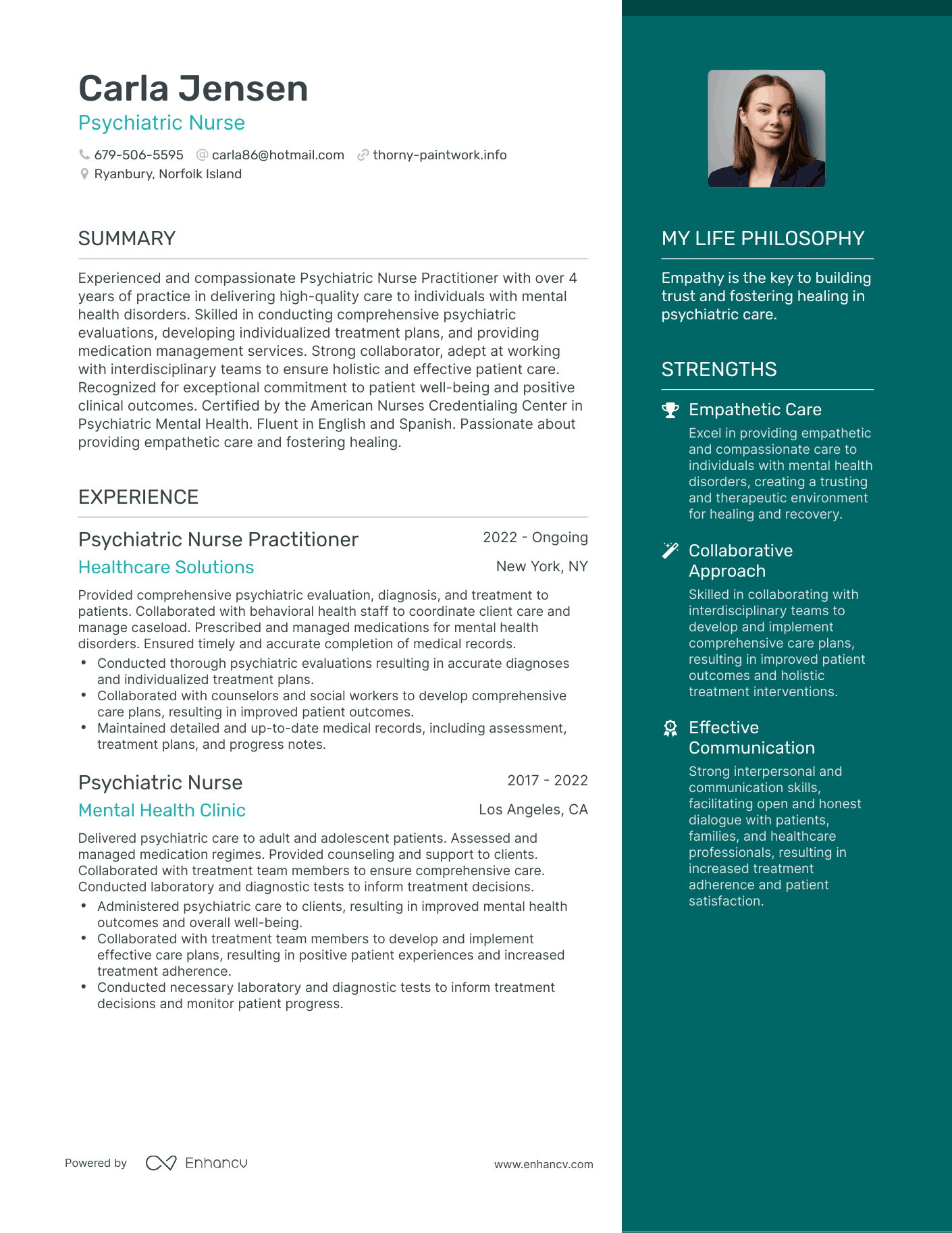 Psychiatric Nurse resume example