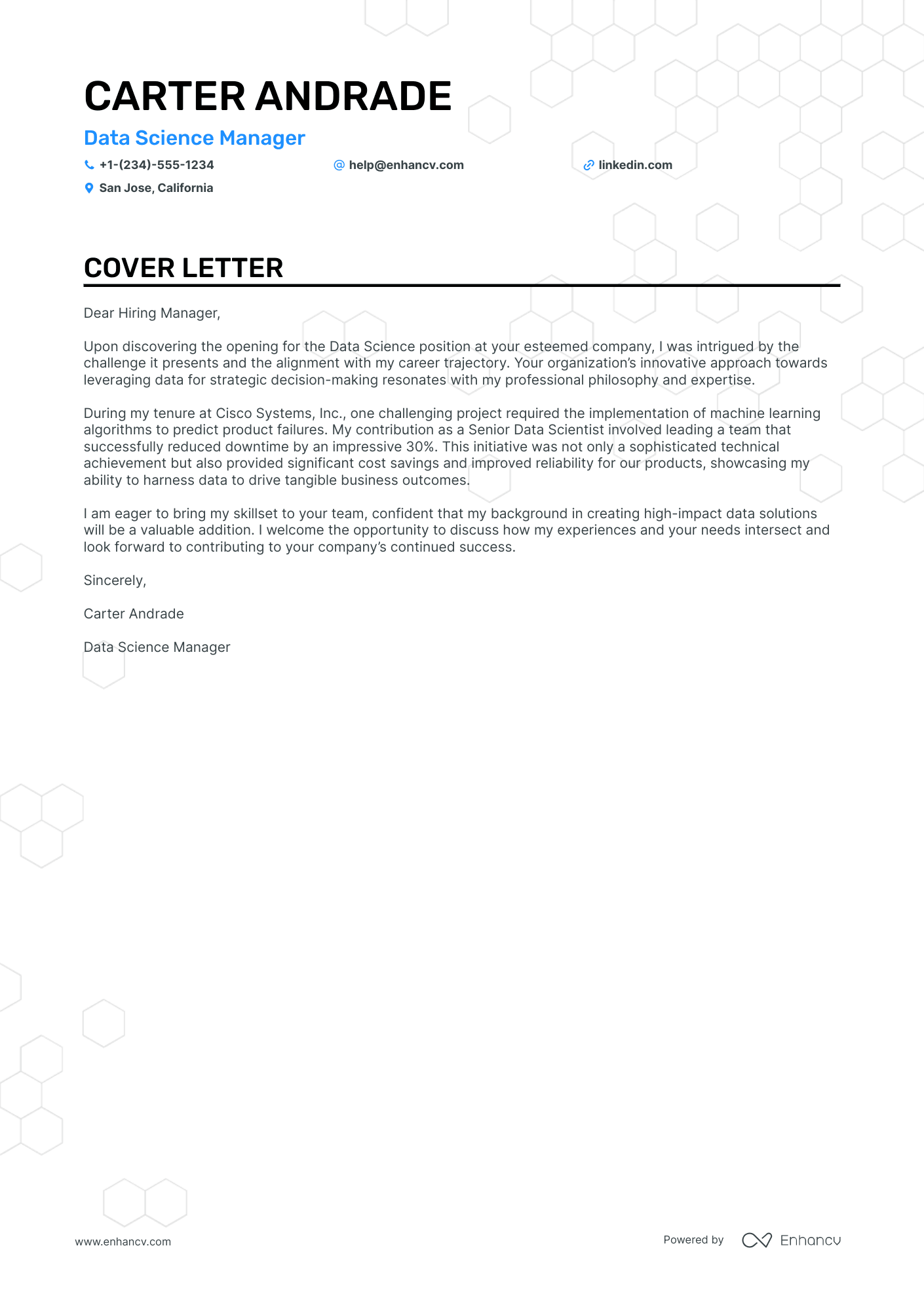 Data Science Manager cover letter