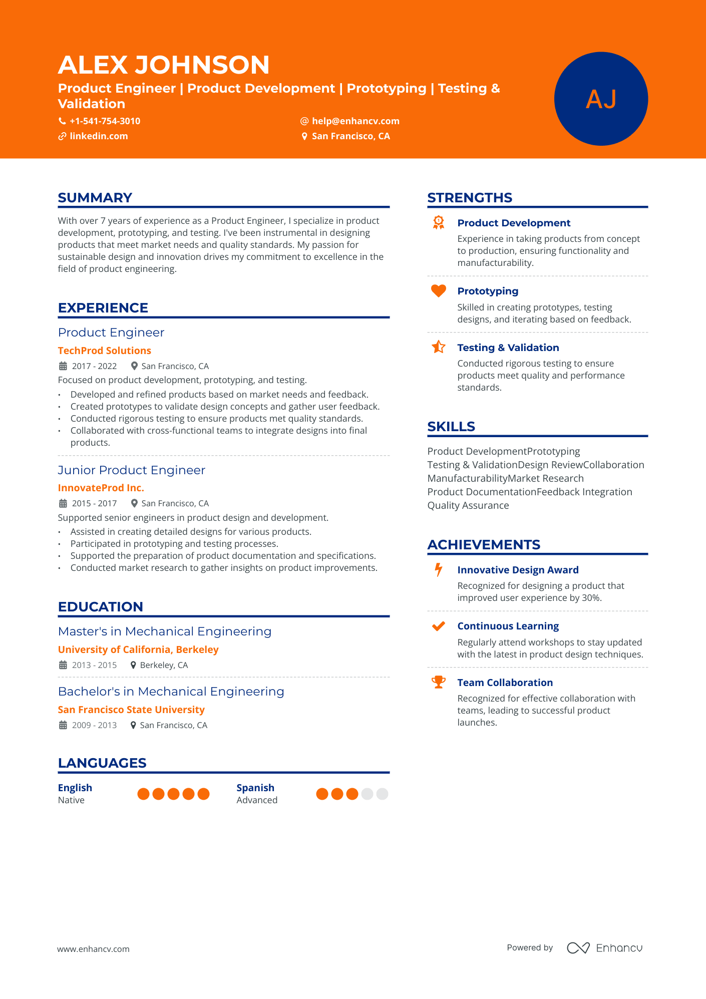 Product Engineer resume example