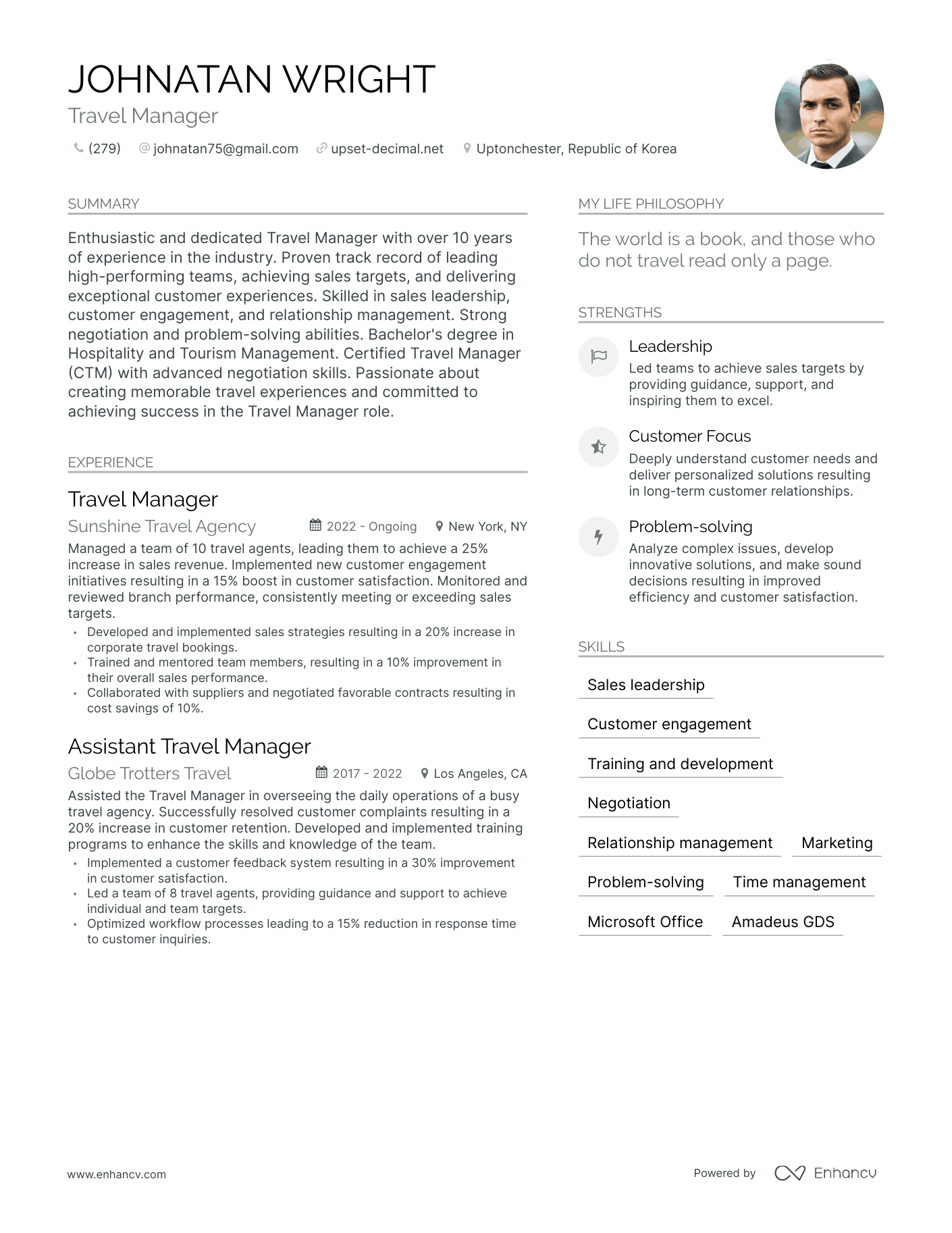 Travel Manager resume example