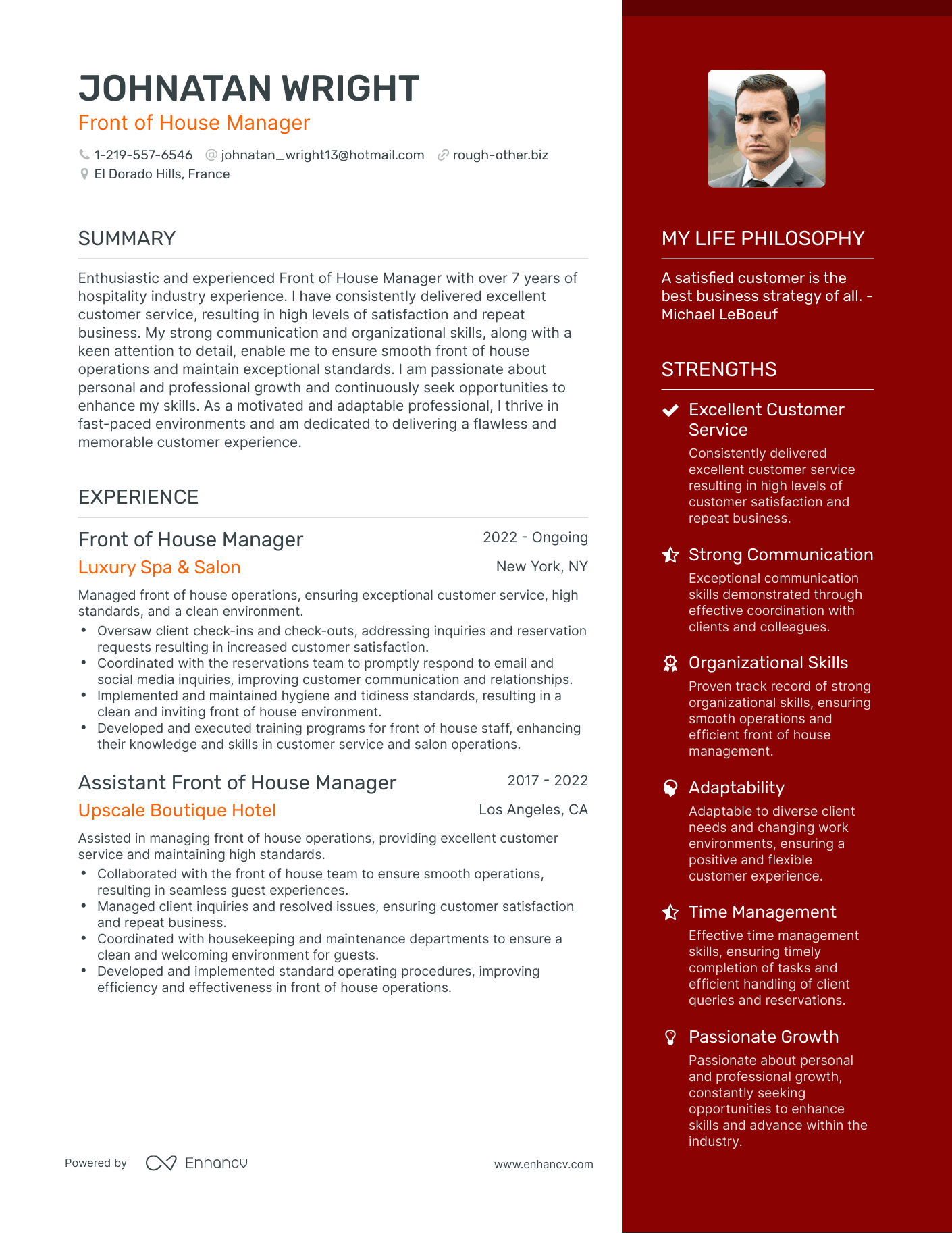 Front of House Manager resume example