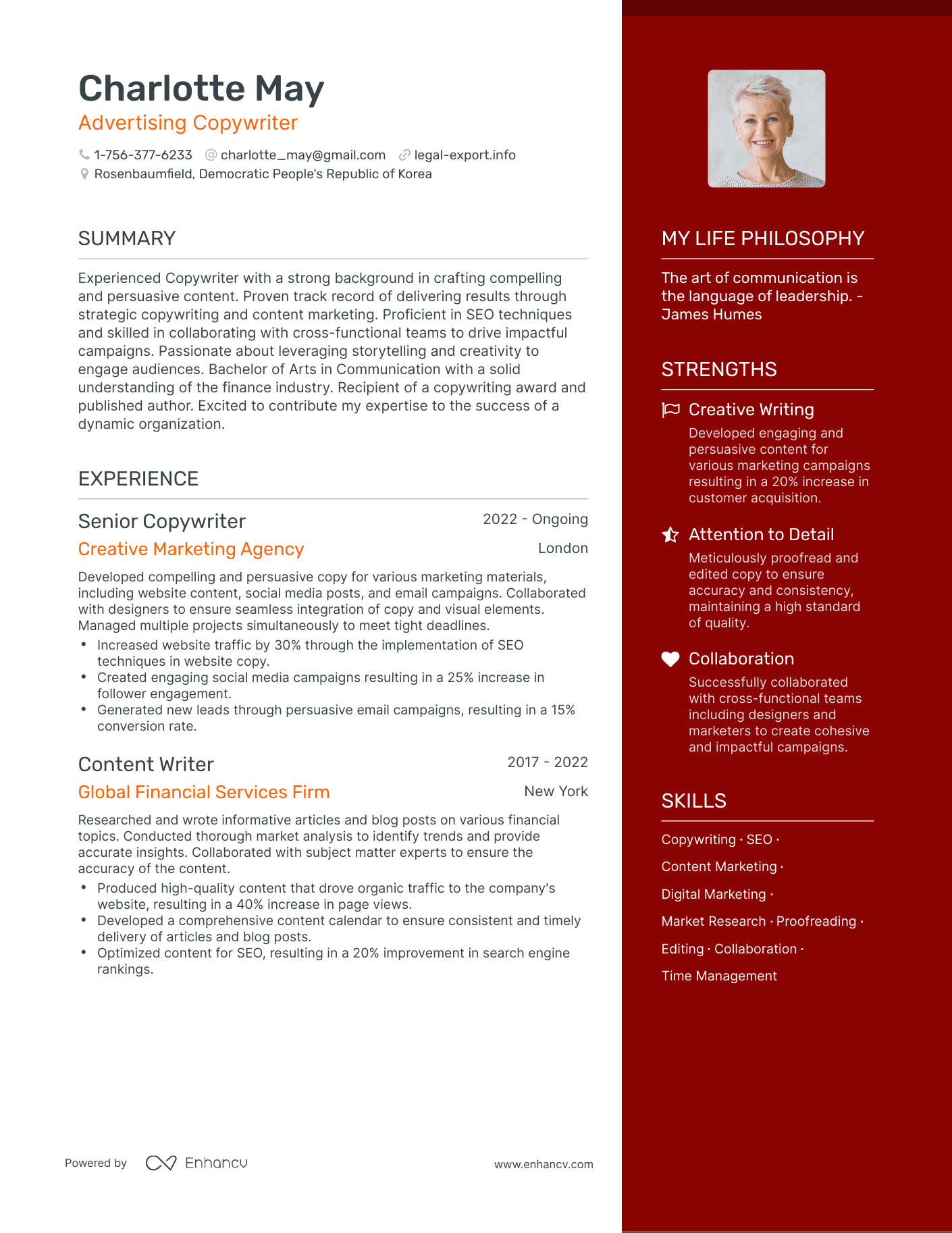 Advertising Copywriter resume example