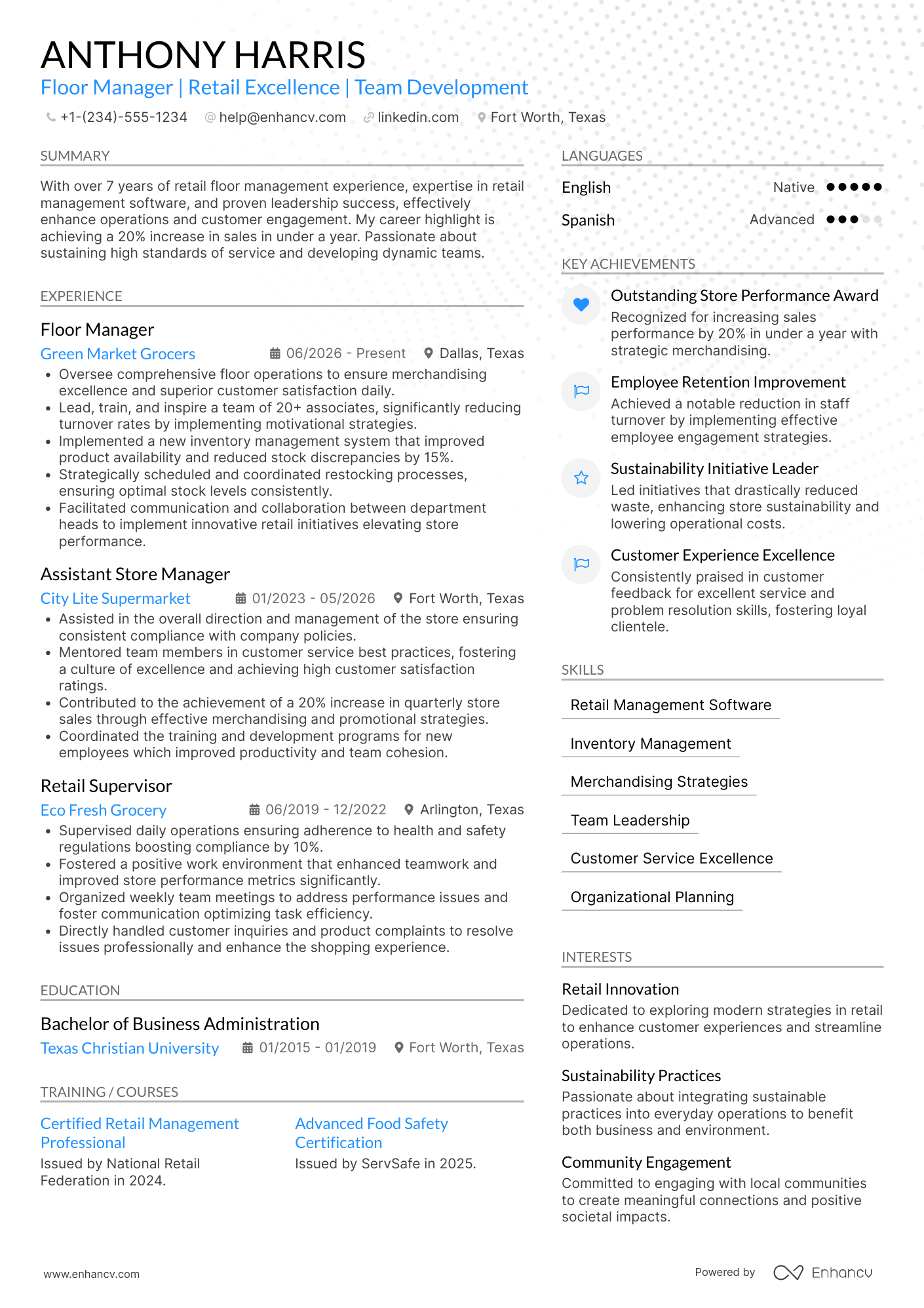 Floor Manager resume example