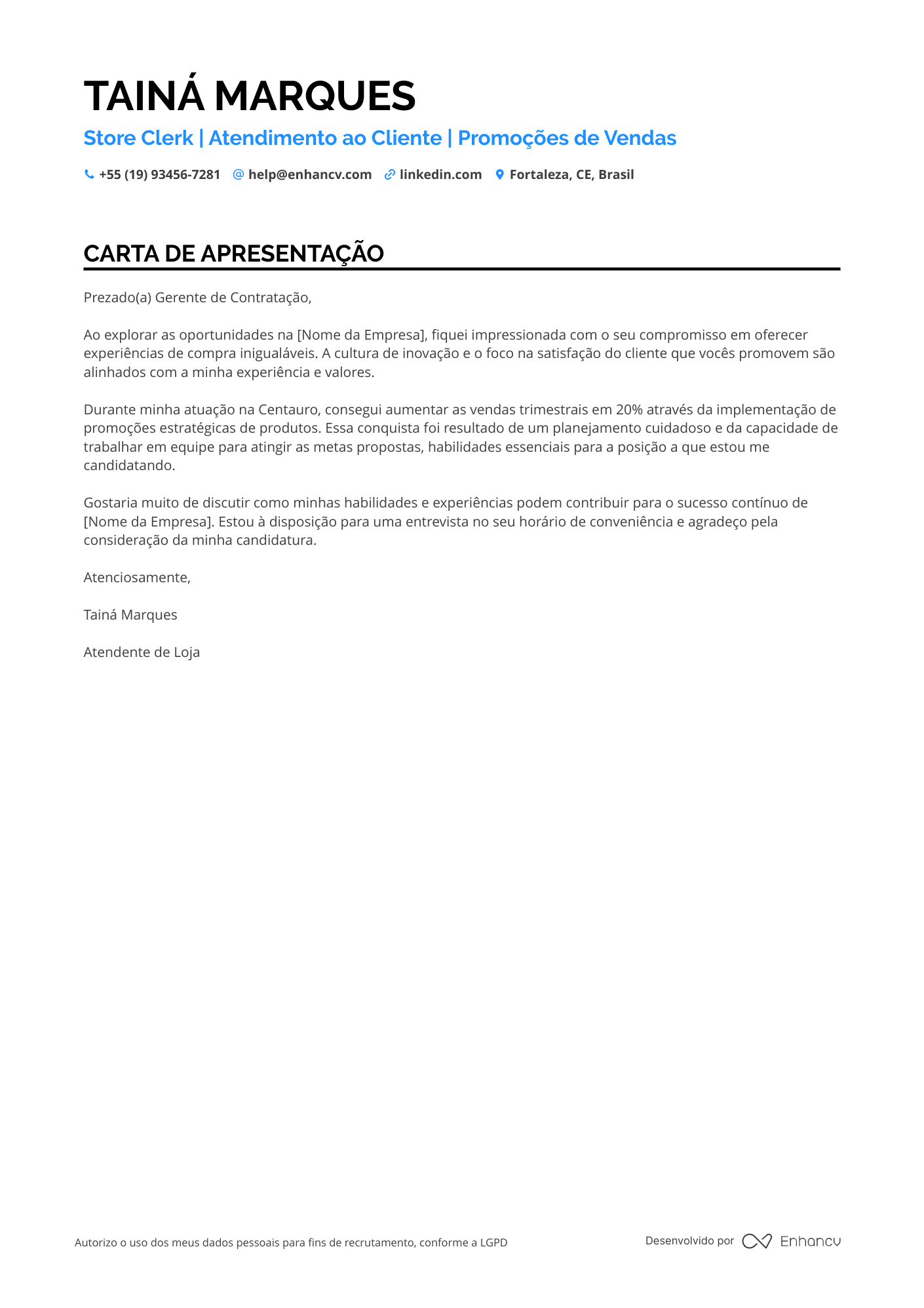 Estoquista Carta de apresentação