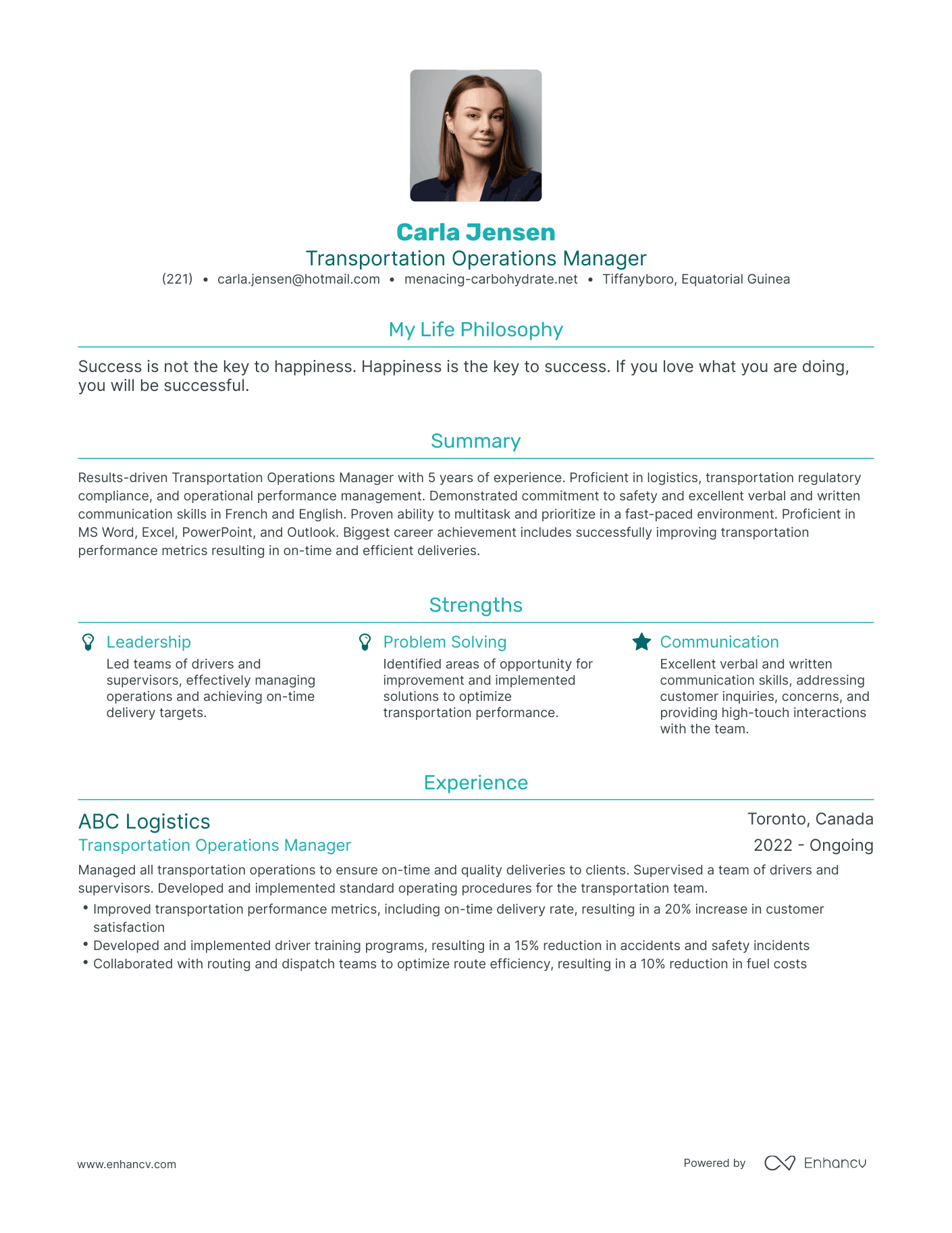Modern Transportation Operations Manager Resume Example