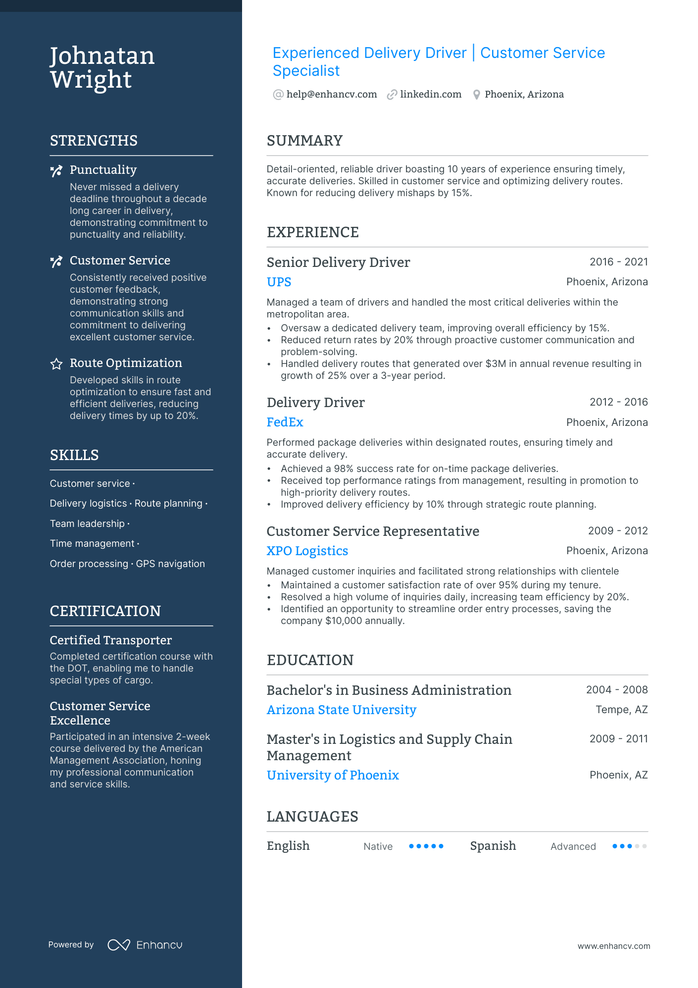 Food Delivery Driver resume example
