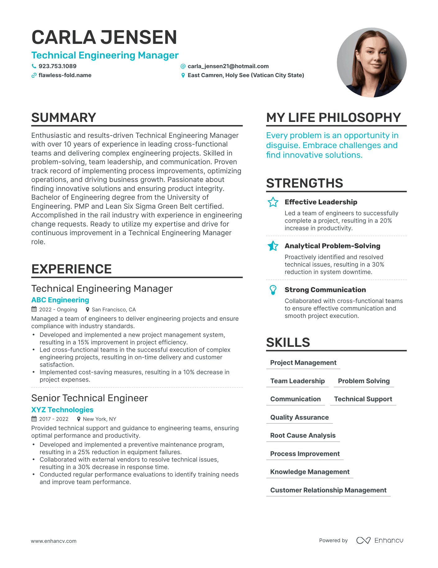 Modern Technical Engineering Manager Resume Example