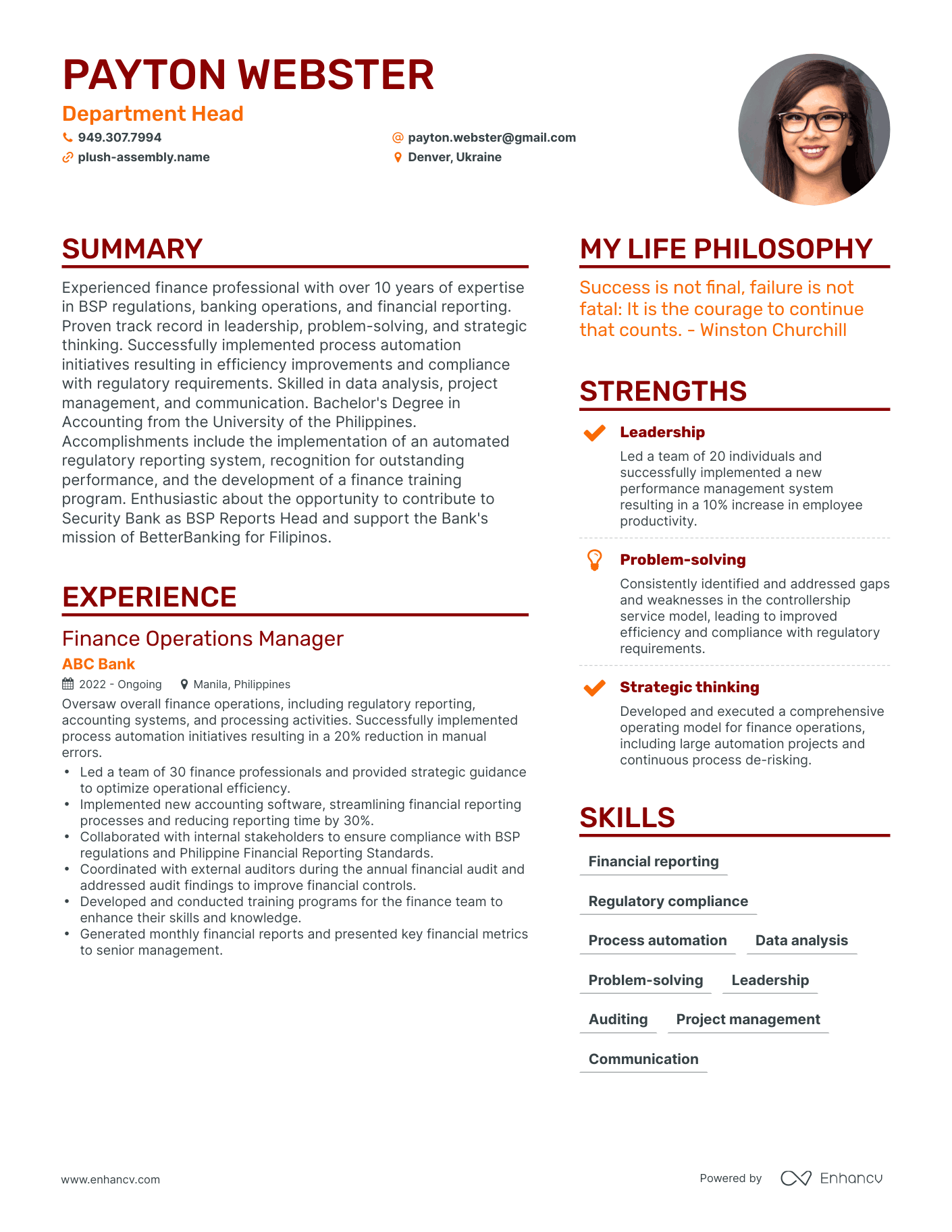 Modern Department Head Resume Example