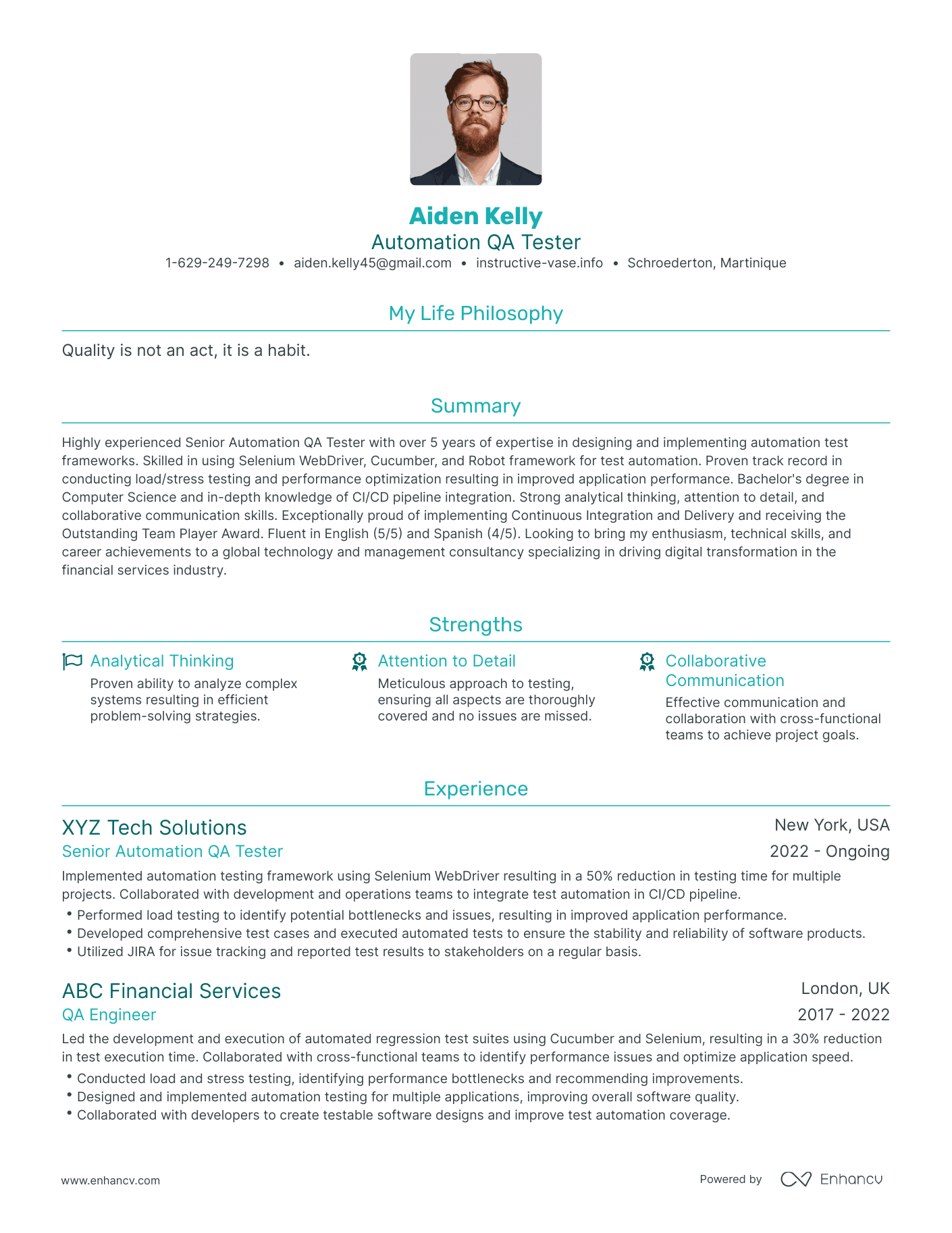 Modern Automation QA Tester Resume Example