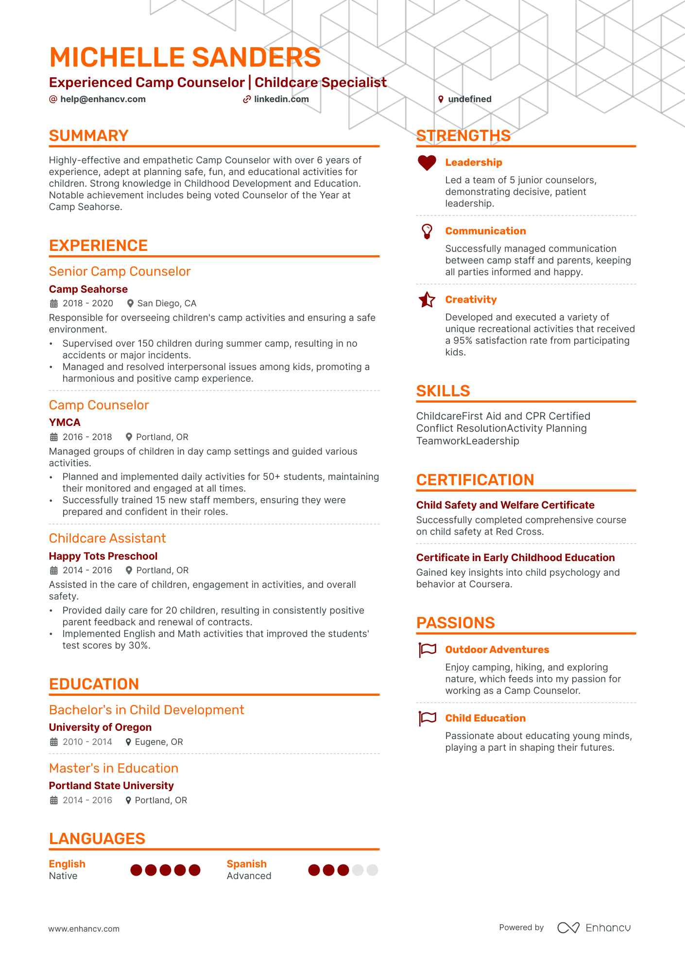 summer camp counselor resume example