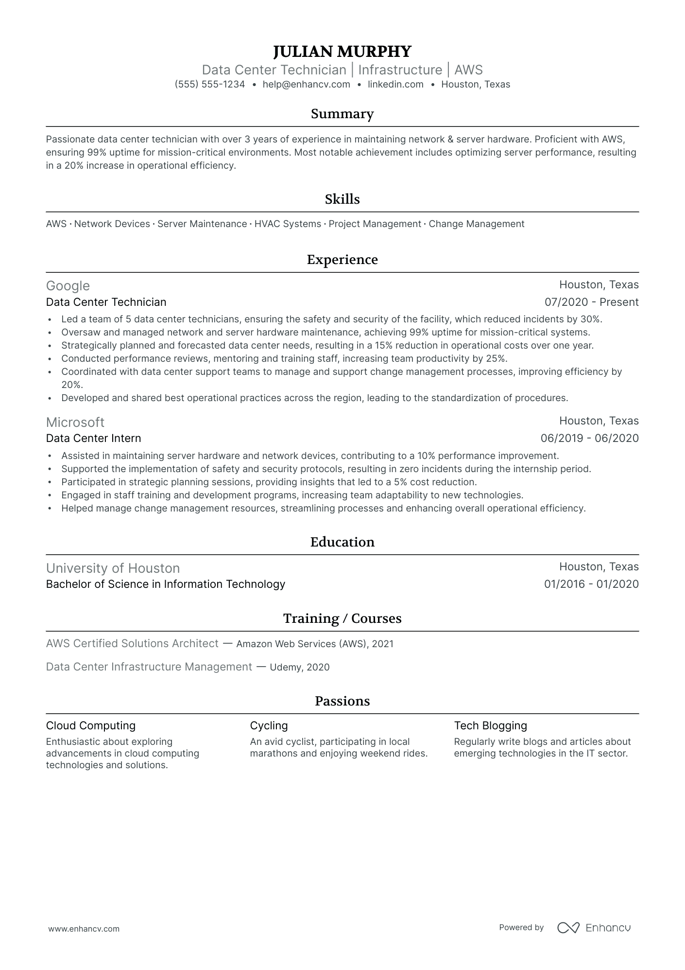 Data Center Operations Manager resume example