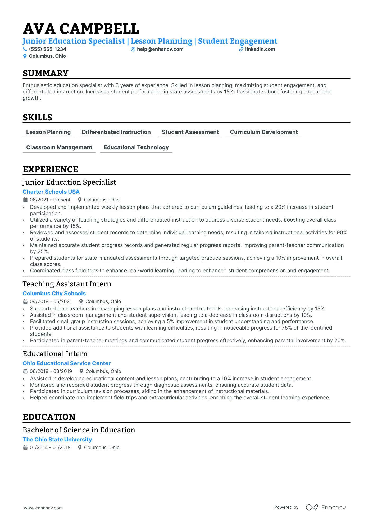 Kindergarten Teacher resume example