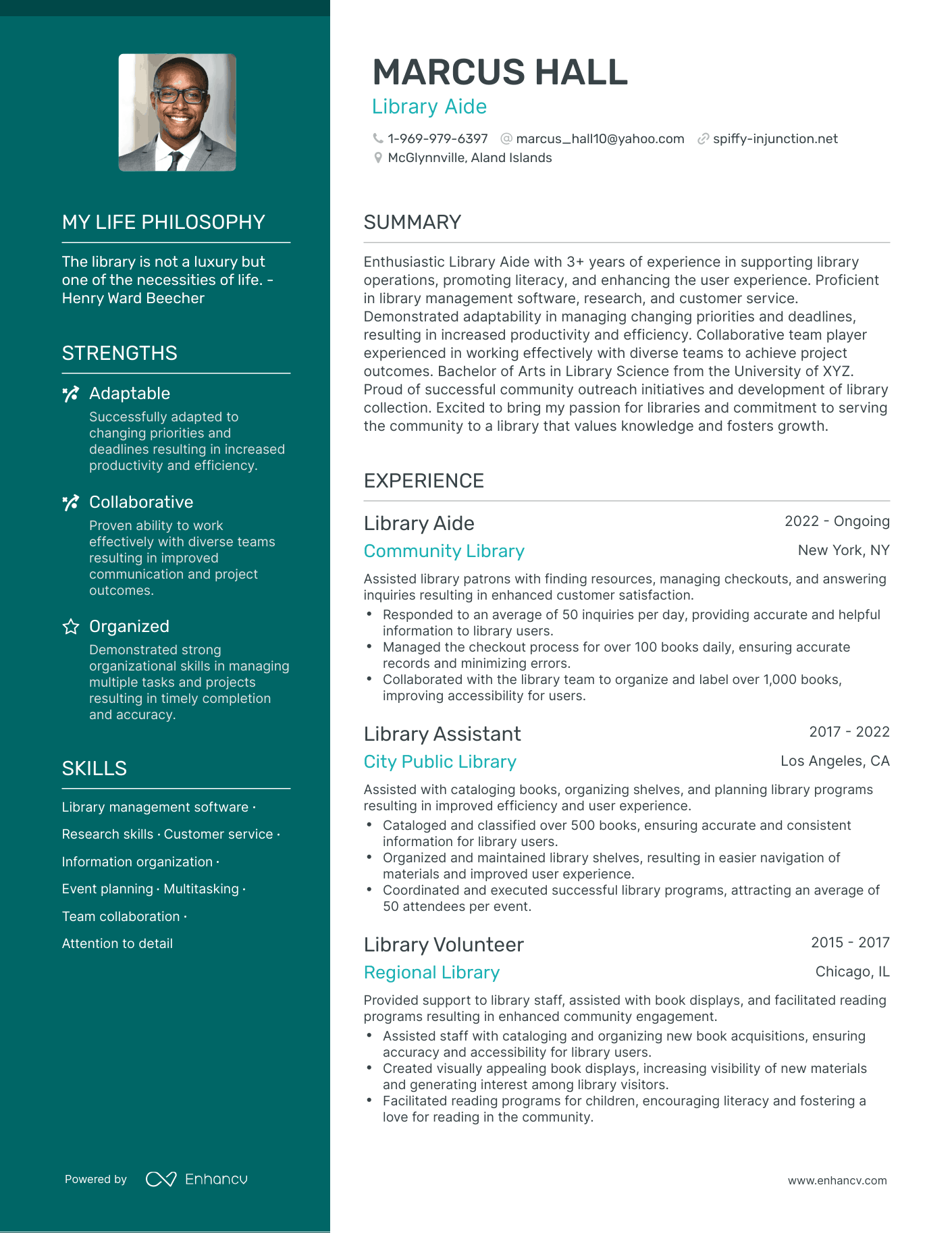 Creative Library Aide Resume Example