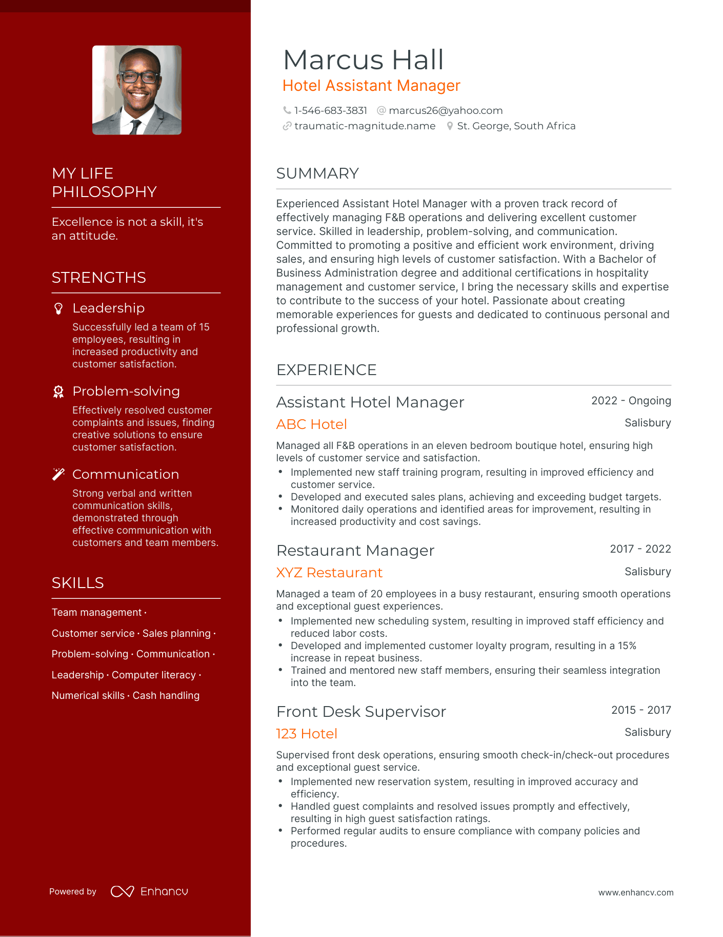 Creative Hotel Assistant Manager Resume Example