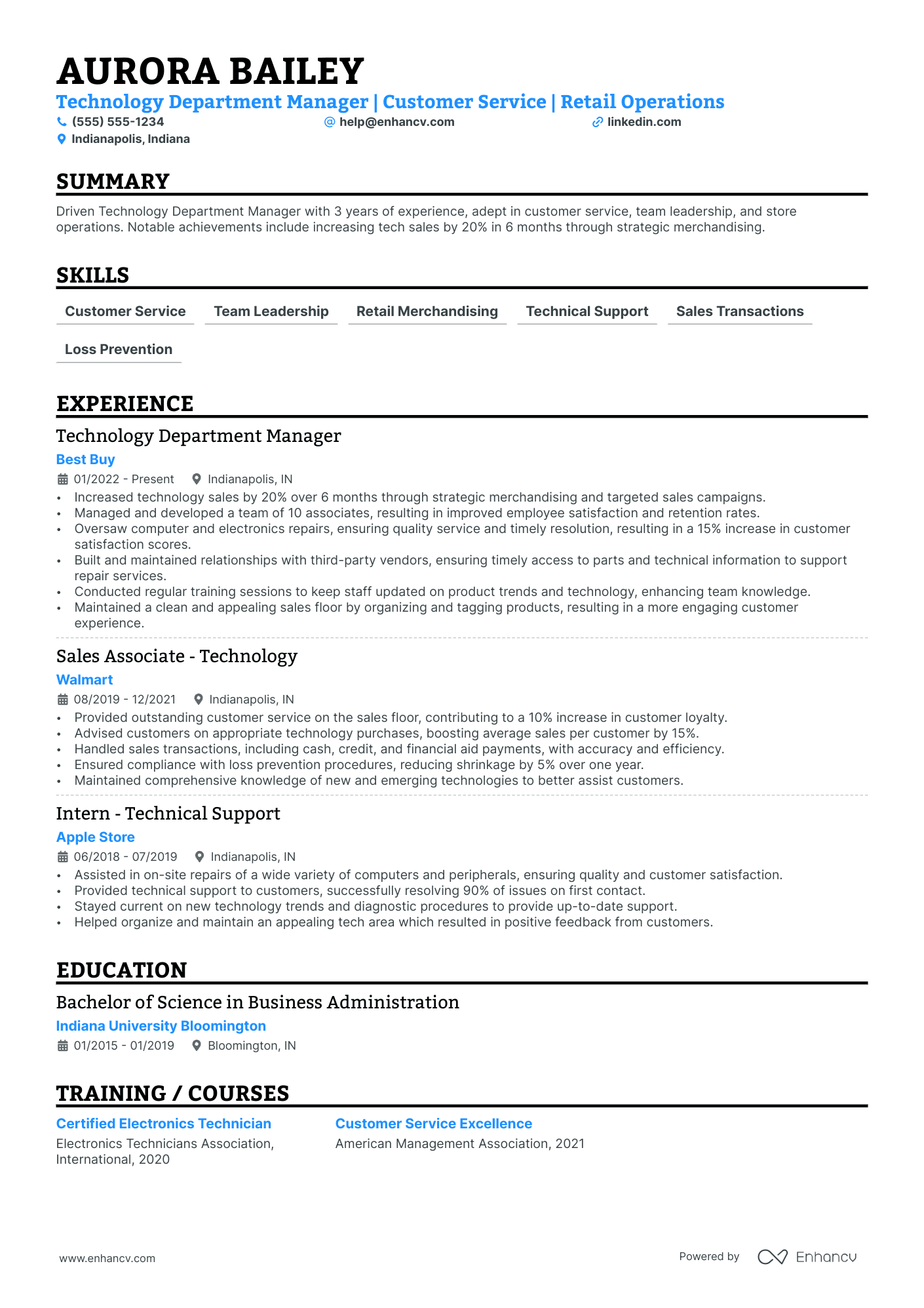 Retail Department Manager resume example