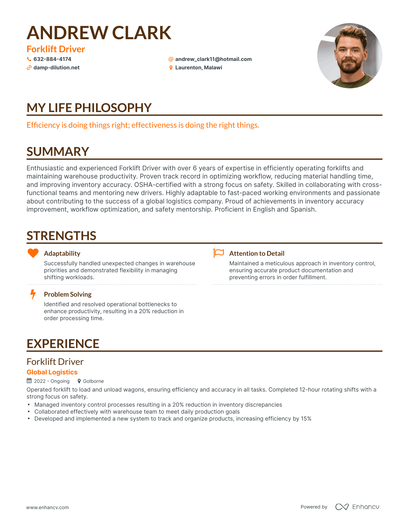 Creative Forklift Driver Resume Example