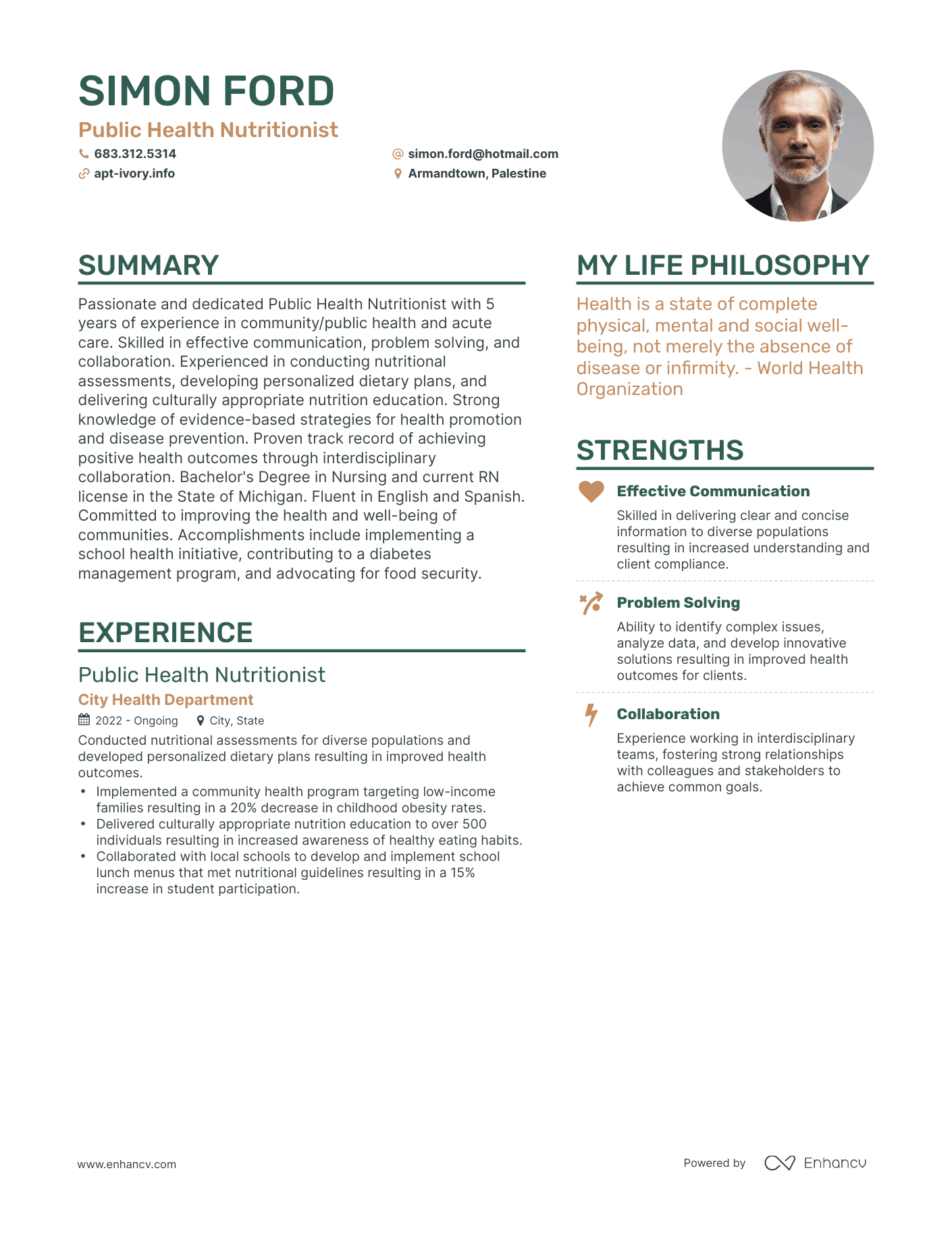 Public Health Nutritionist resume example