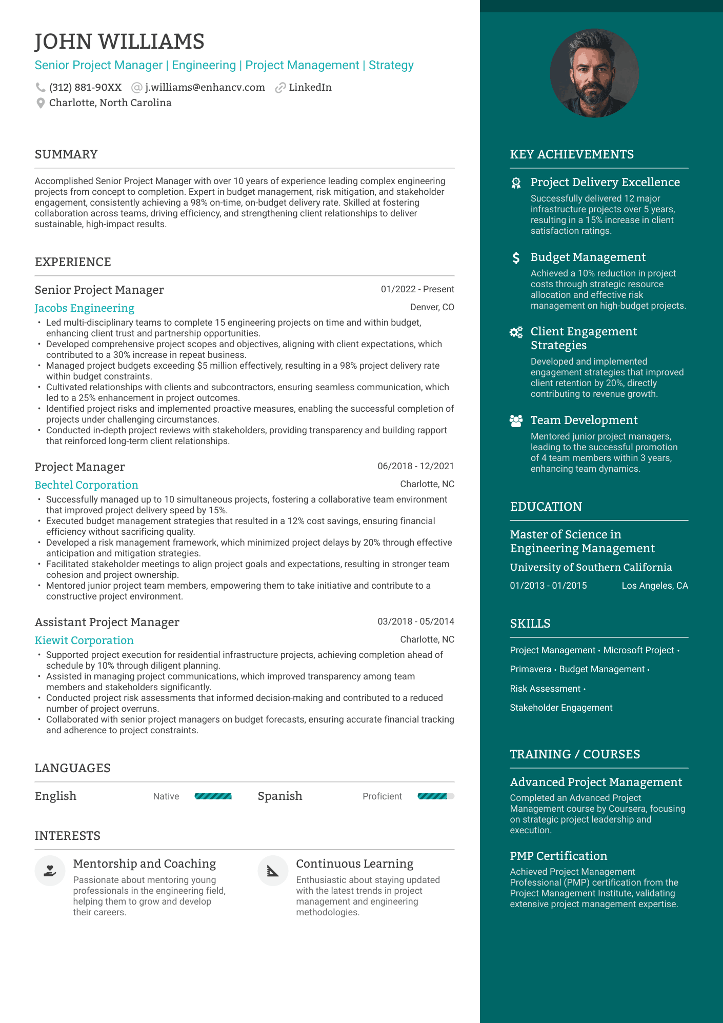 A two column resume template with a wider column for experience and a narrower, blue colored column for your highlights.