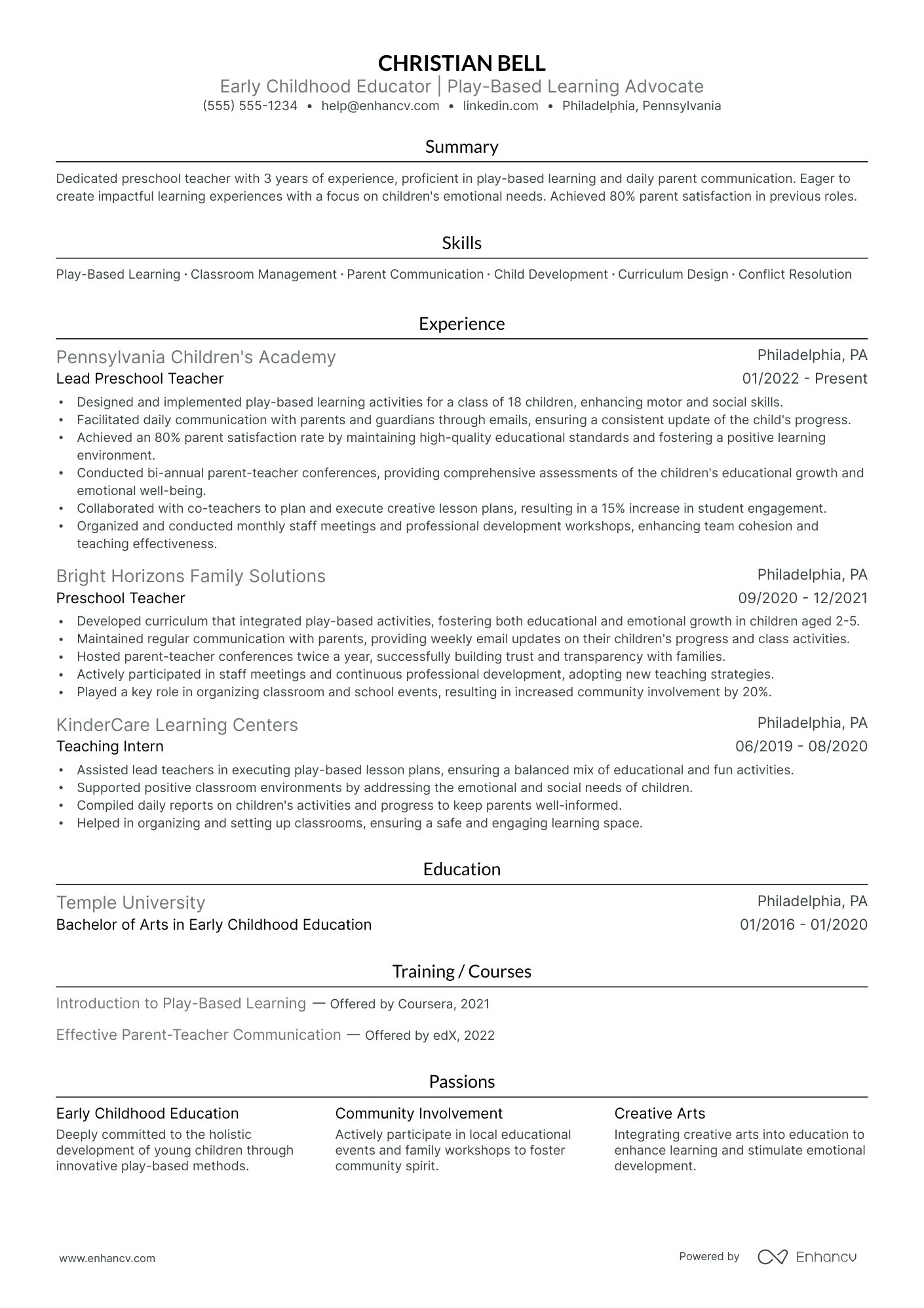 Part-time Preschool Teacher resume example