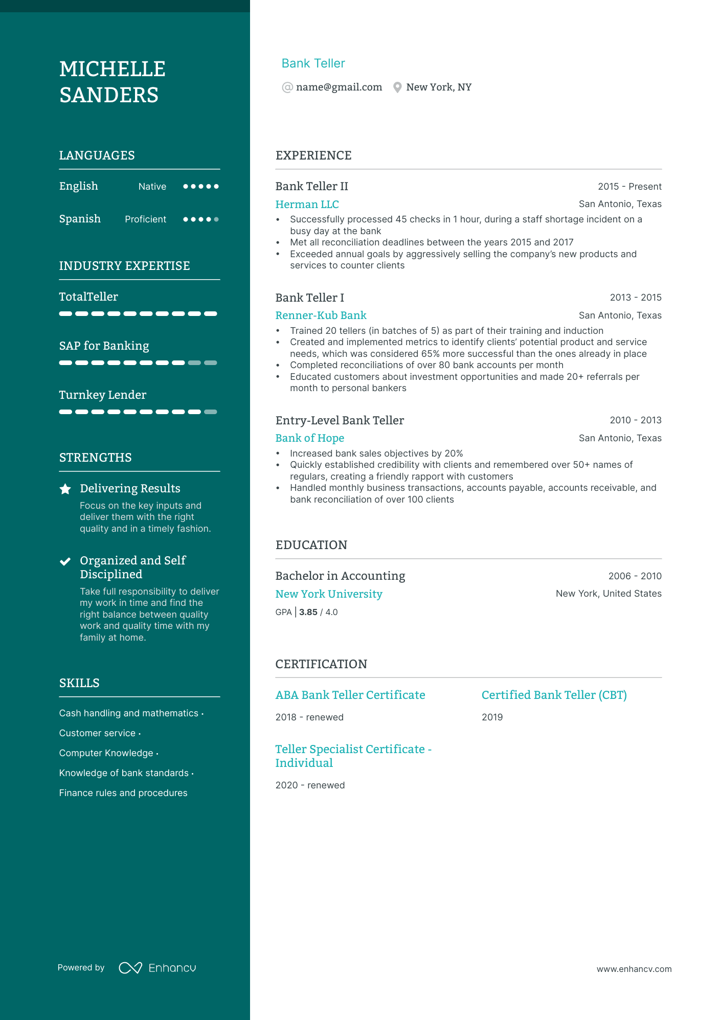 Bank Teller resume example