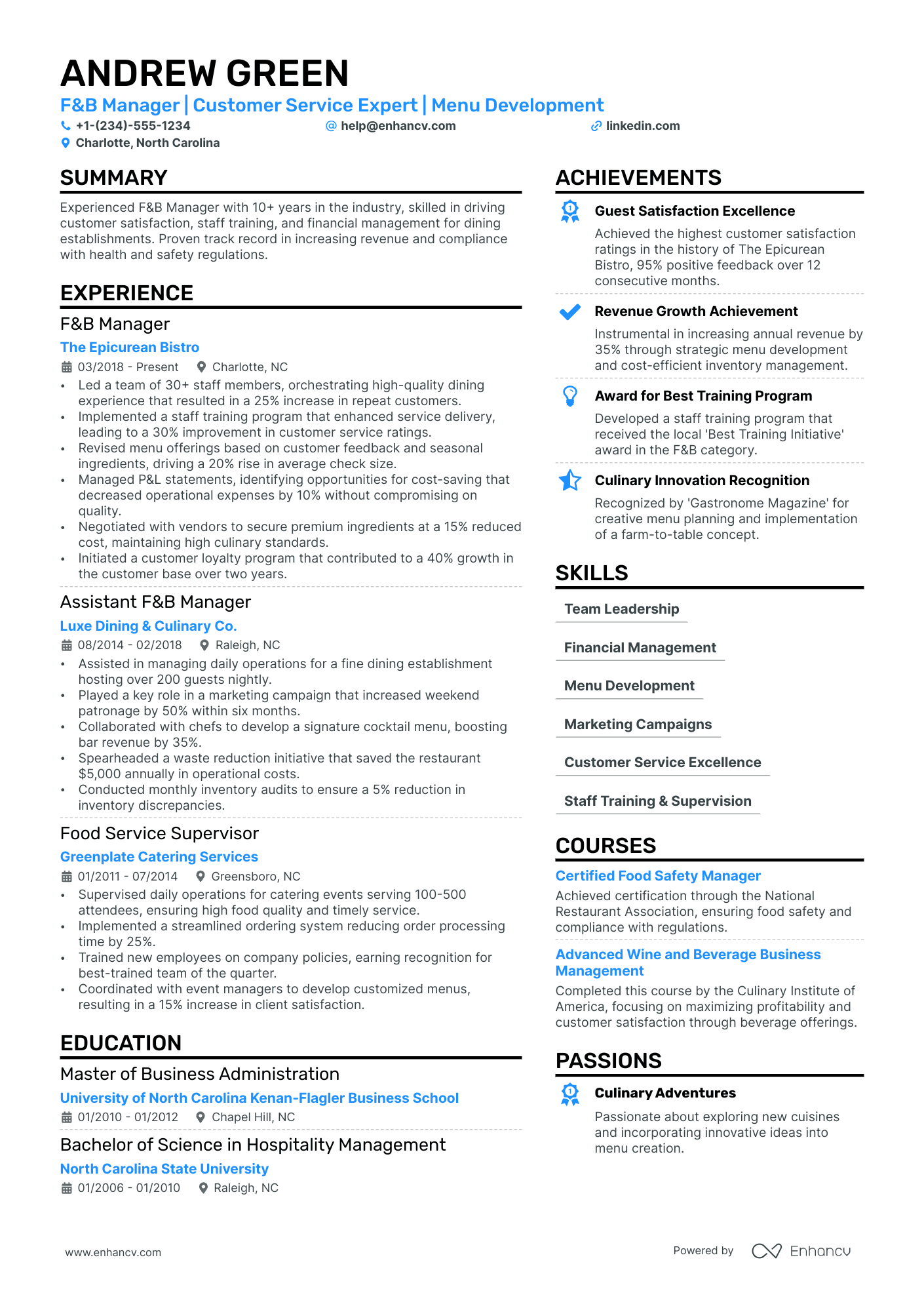 Reservations Manager resume example