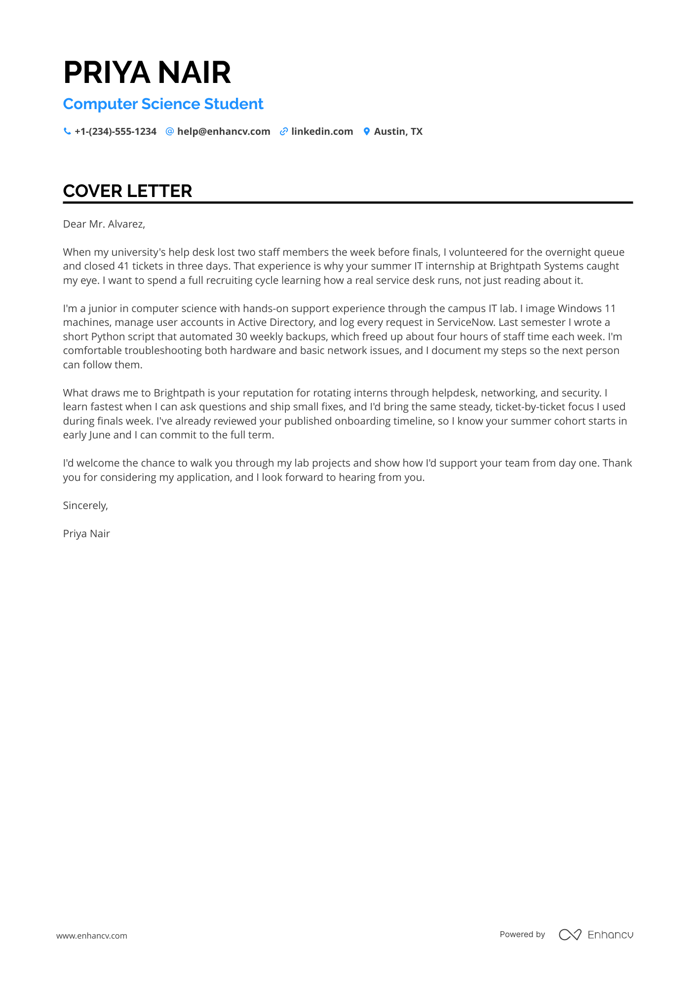 IT Intern cover letter