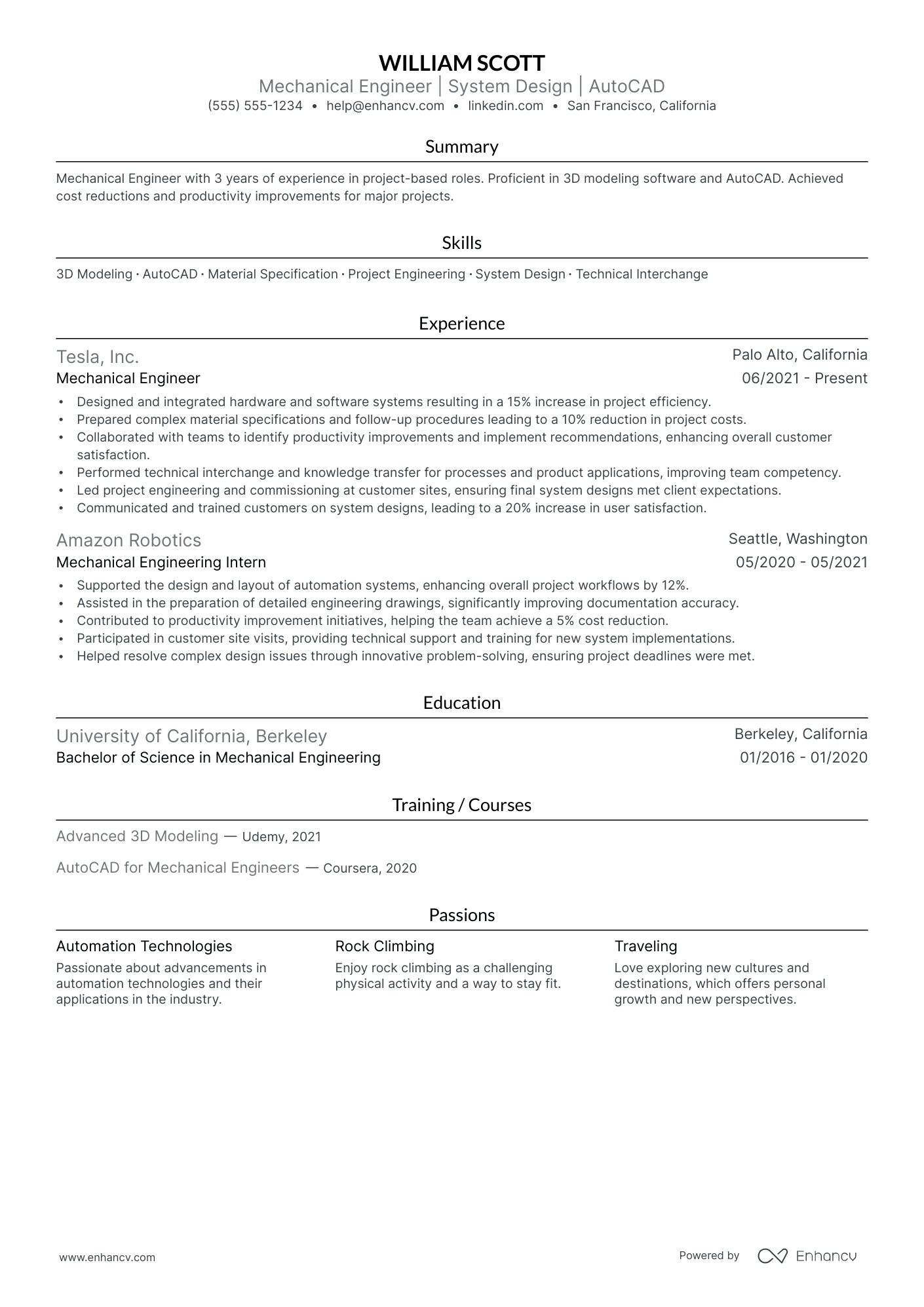 Mechanical Project Engineer resume example