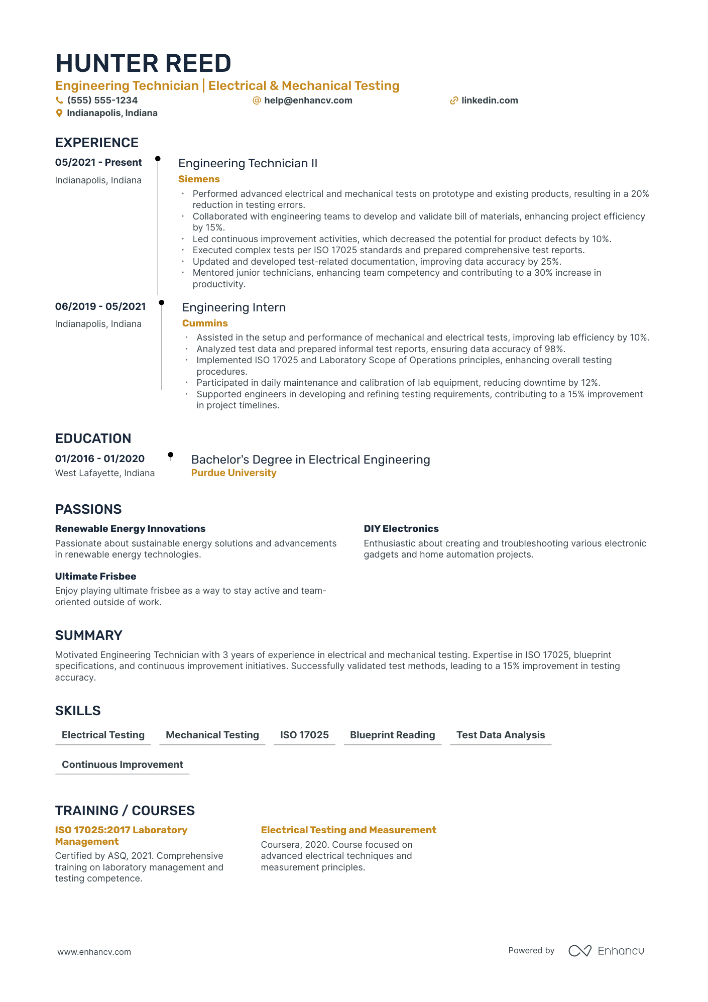 Mechanical Engineering Technician resume example