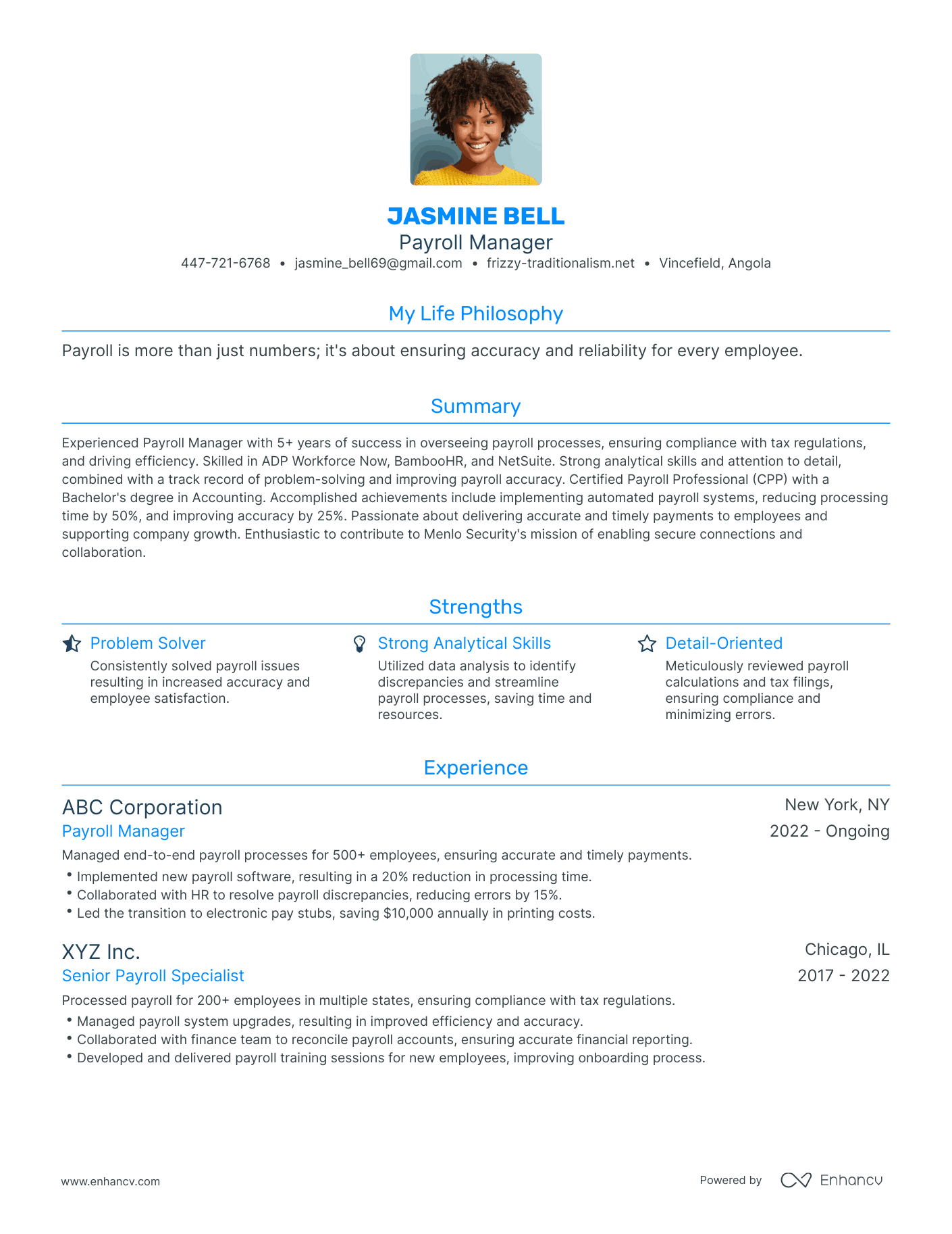 Modern Payroll Manager Resume Example