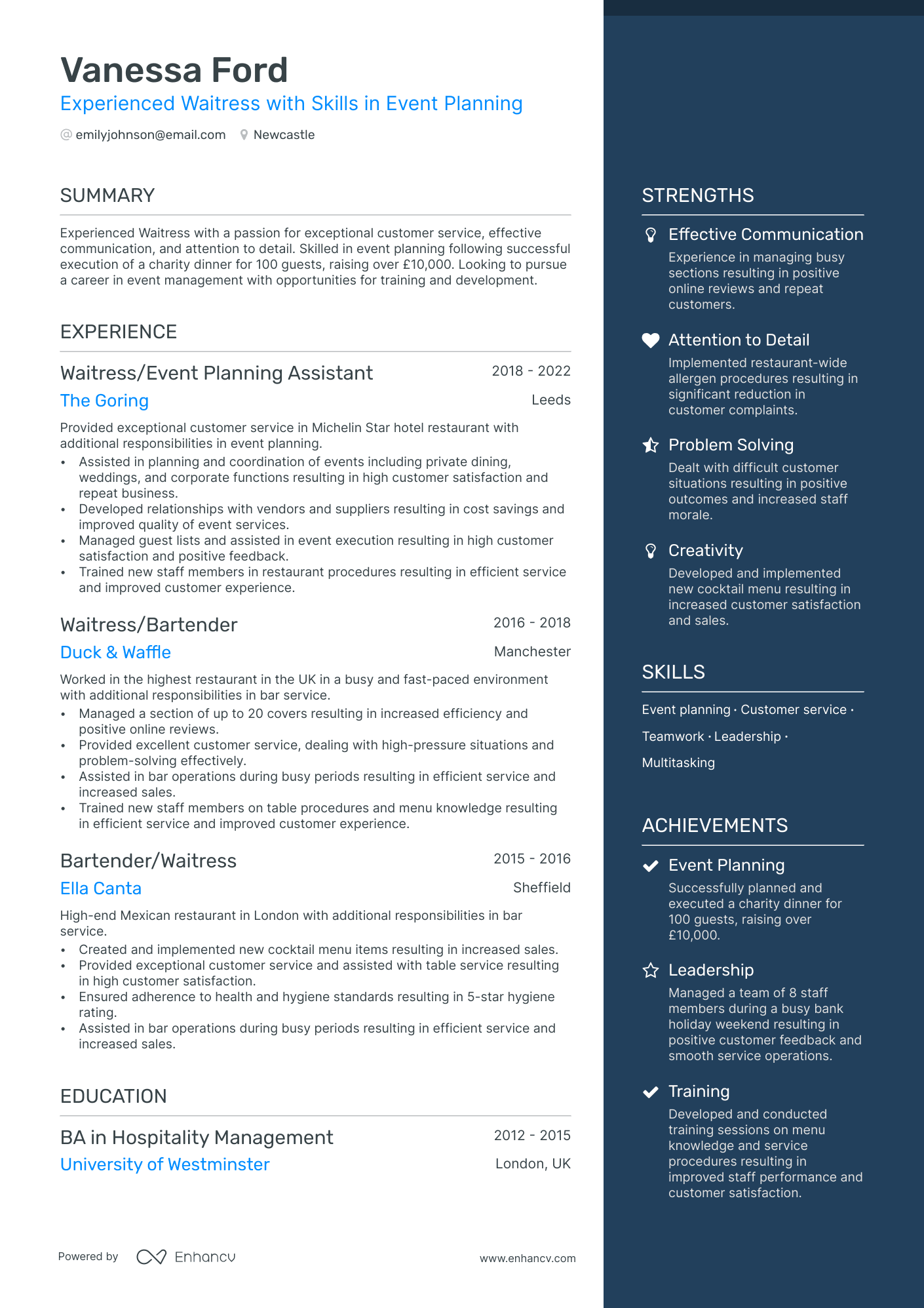 Experienced Waitress with Skills in Event Planning CV example