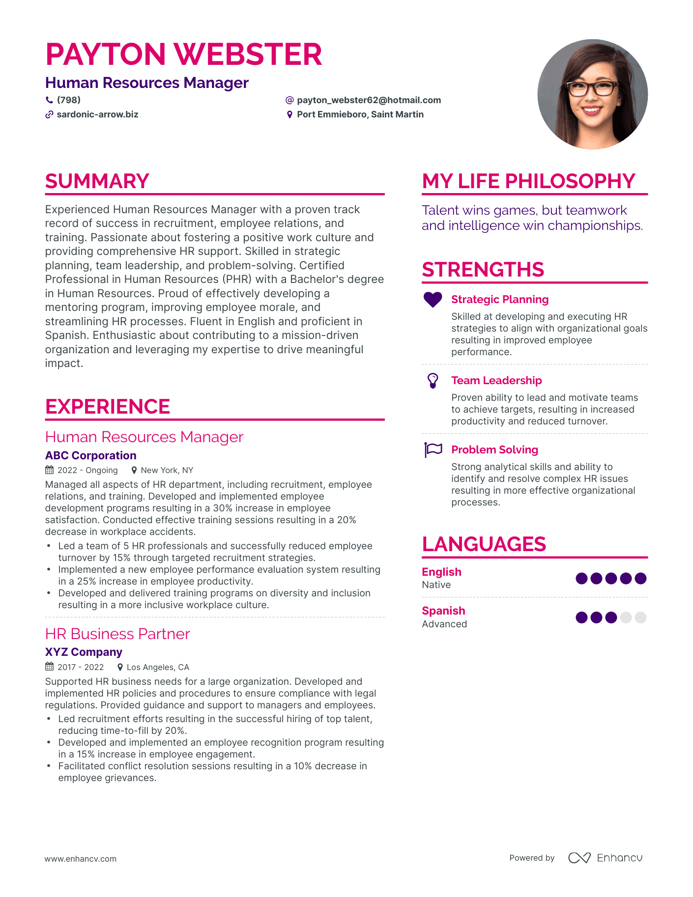 Human Resources Manager resume example