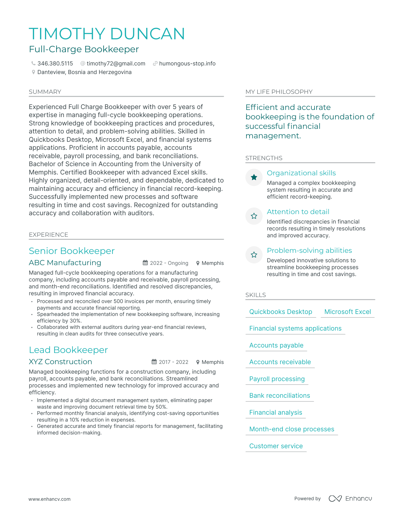 Modern Full-Charge Bookkeeper Resume Example