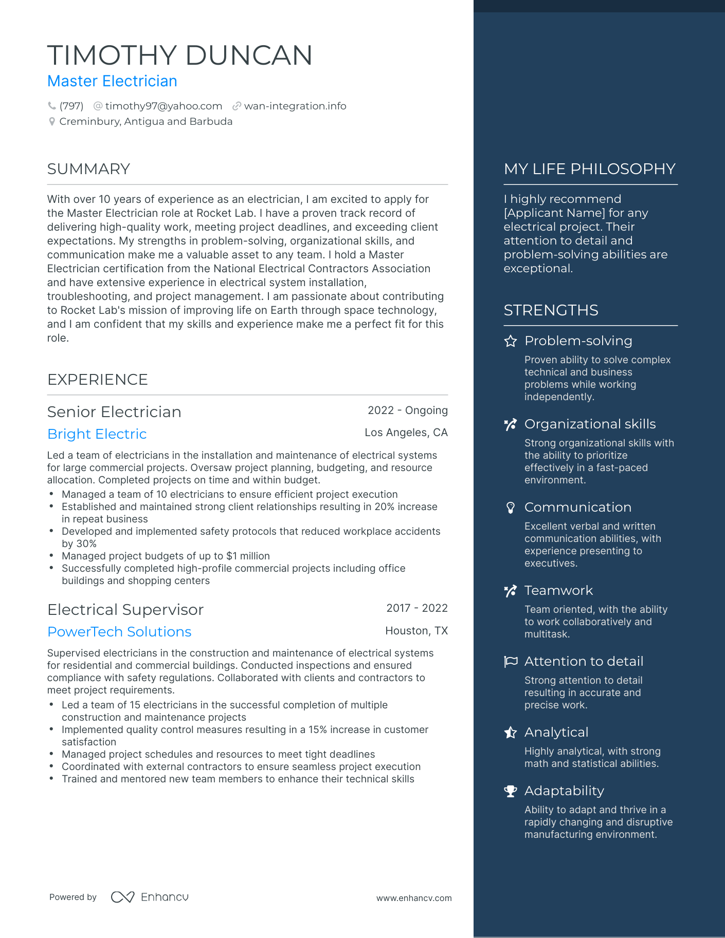 Master Electrician resume example