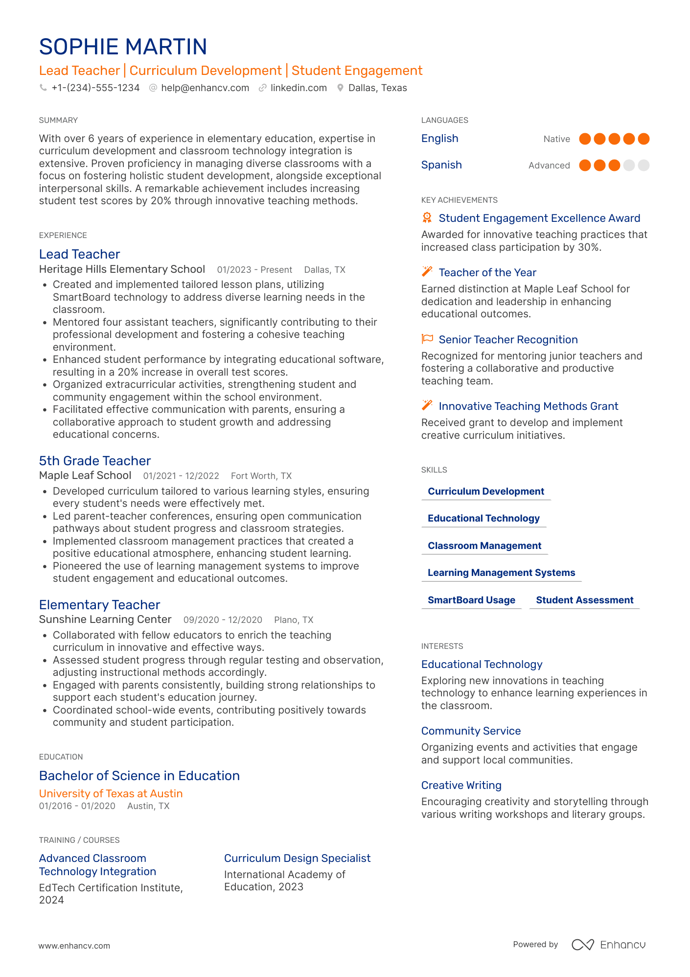 Lead Teacher resume example