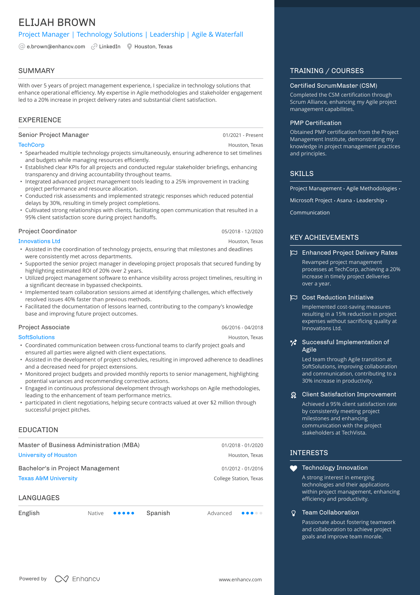 A two column resume template with a wider column for experience and a narrower, blue colored column for your highlights.