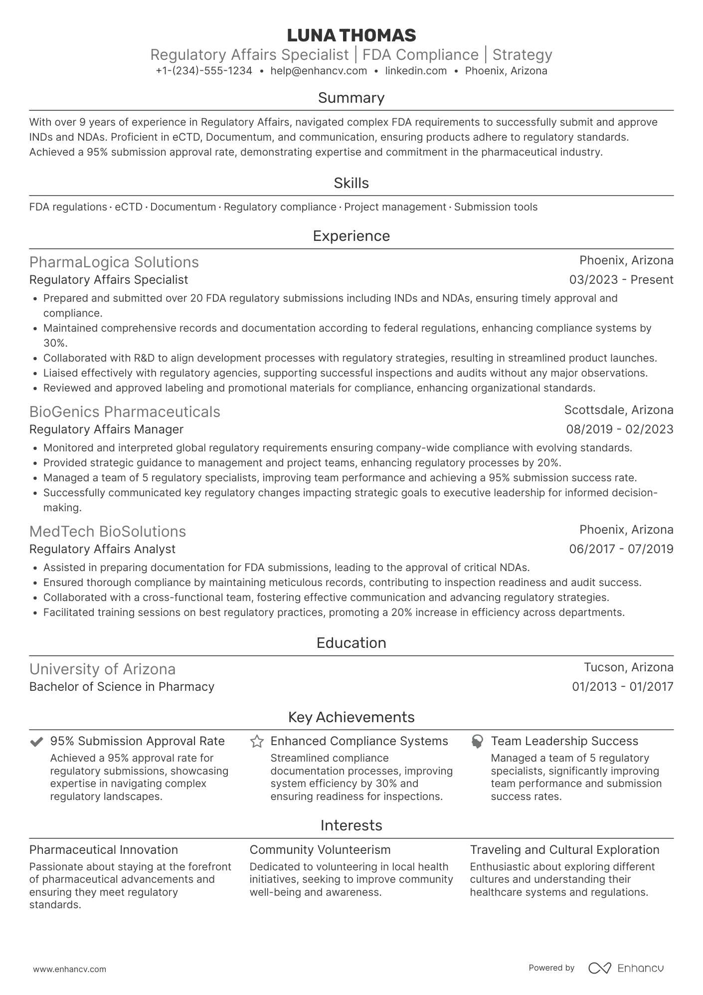 Regulatory Affairs resume example