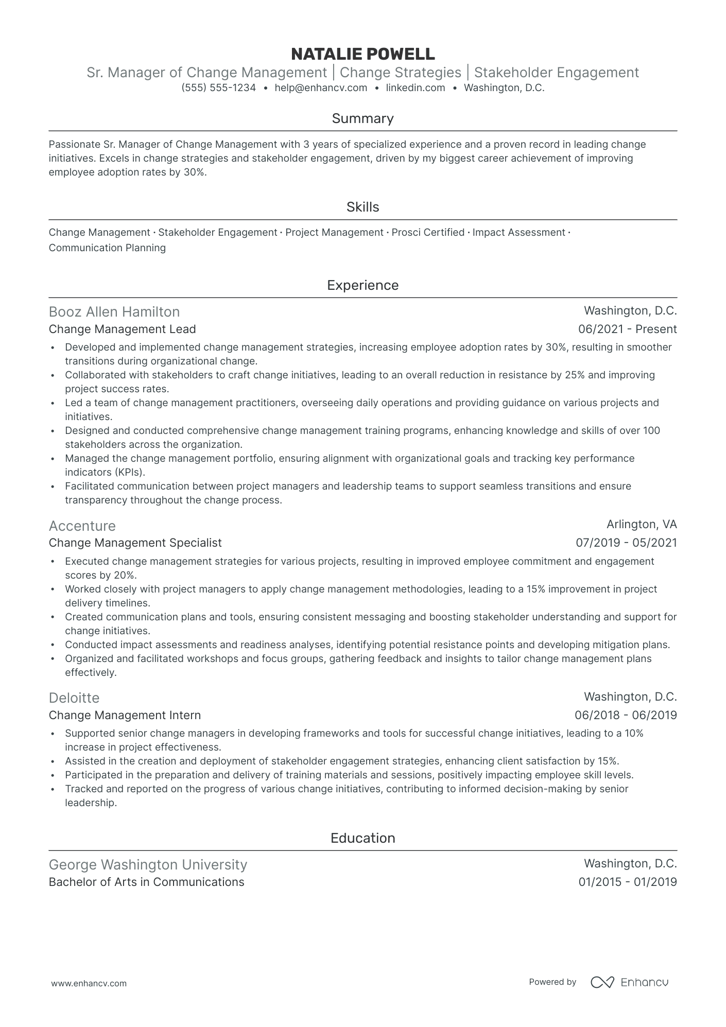 Change Management Project Manager resume example