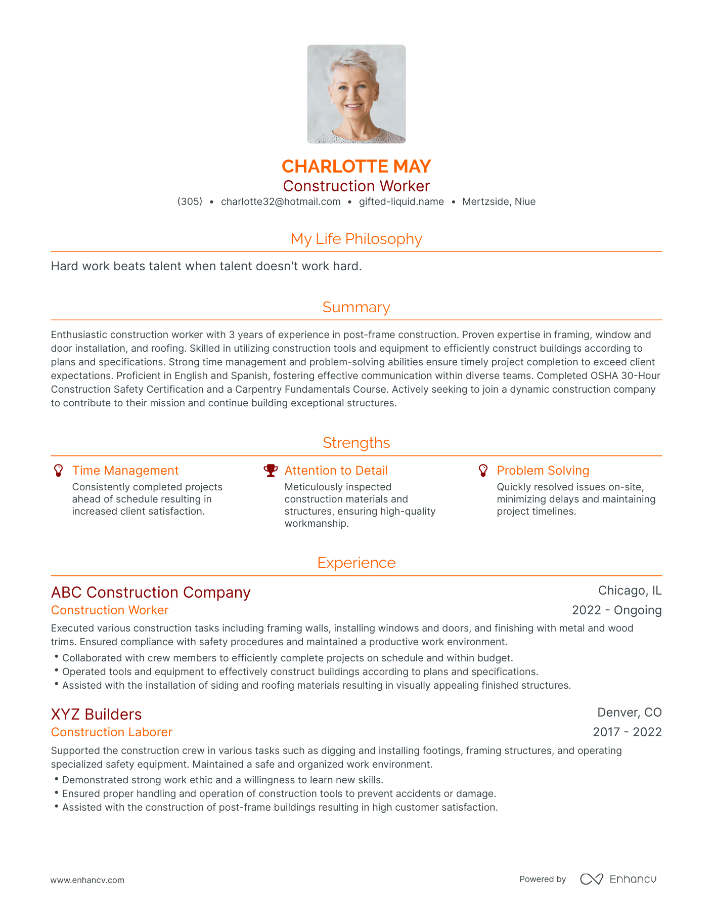 Modern Construction Worker Resume Example